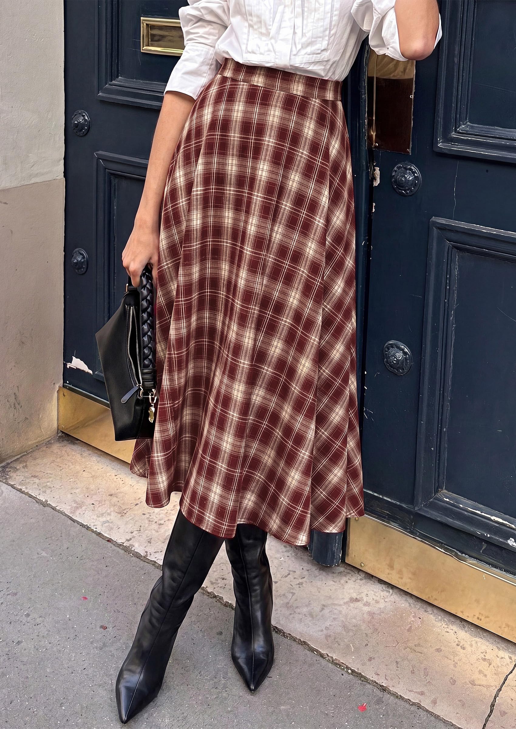 Women's Plaid High Waisted A-Line Midi Skirts,Rust Red,S