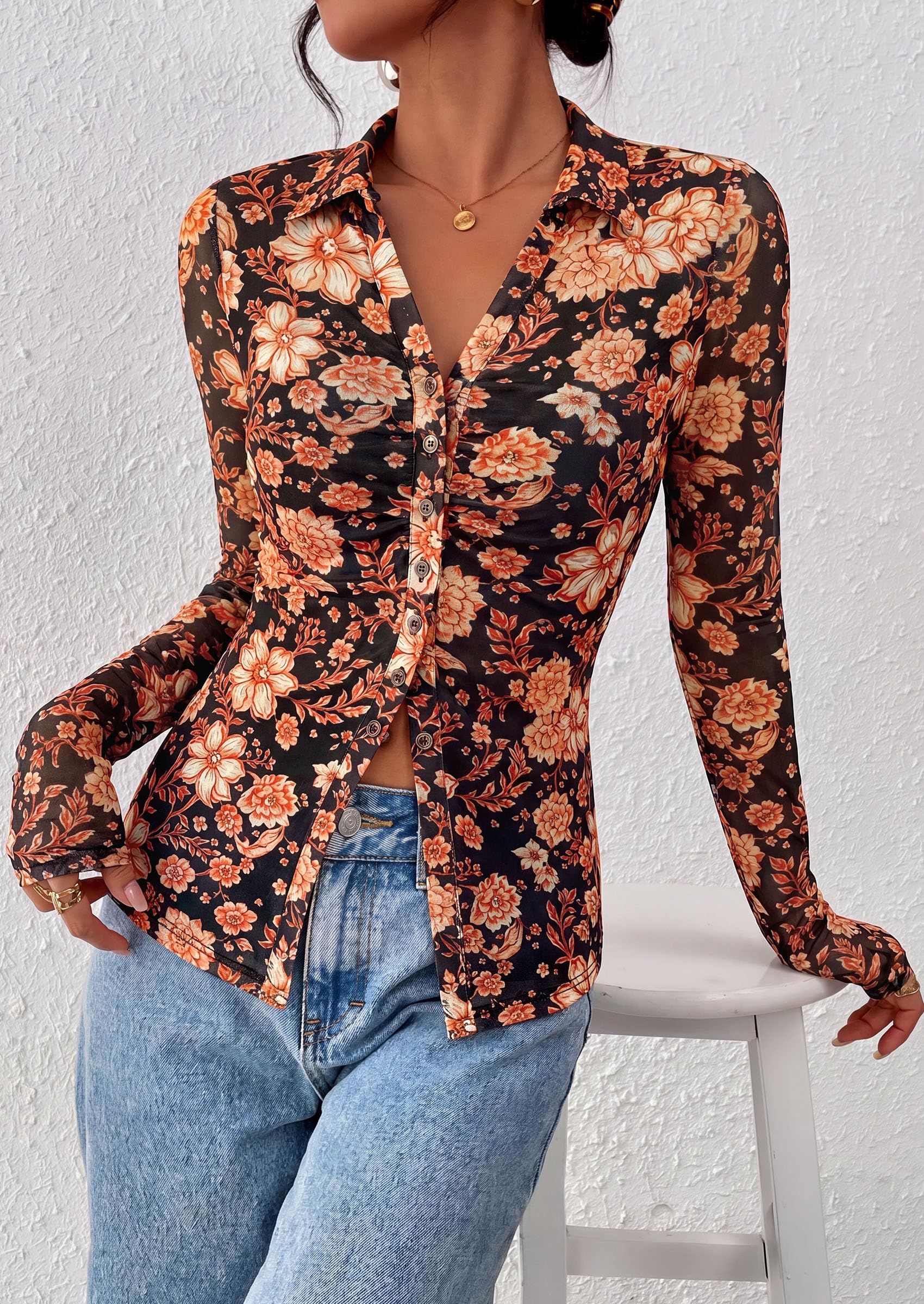 Women's Button Down Shirts Boho Mesh Floral Going Out Tops