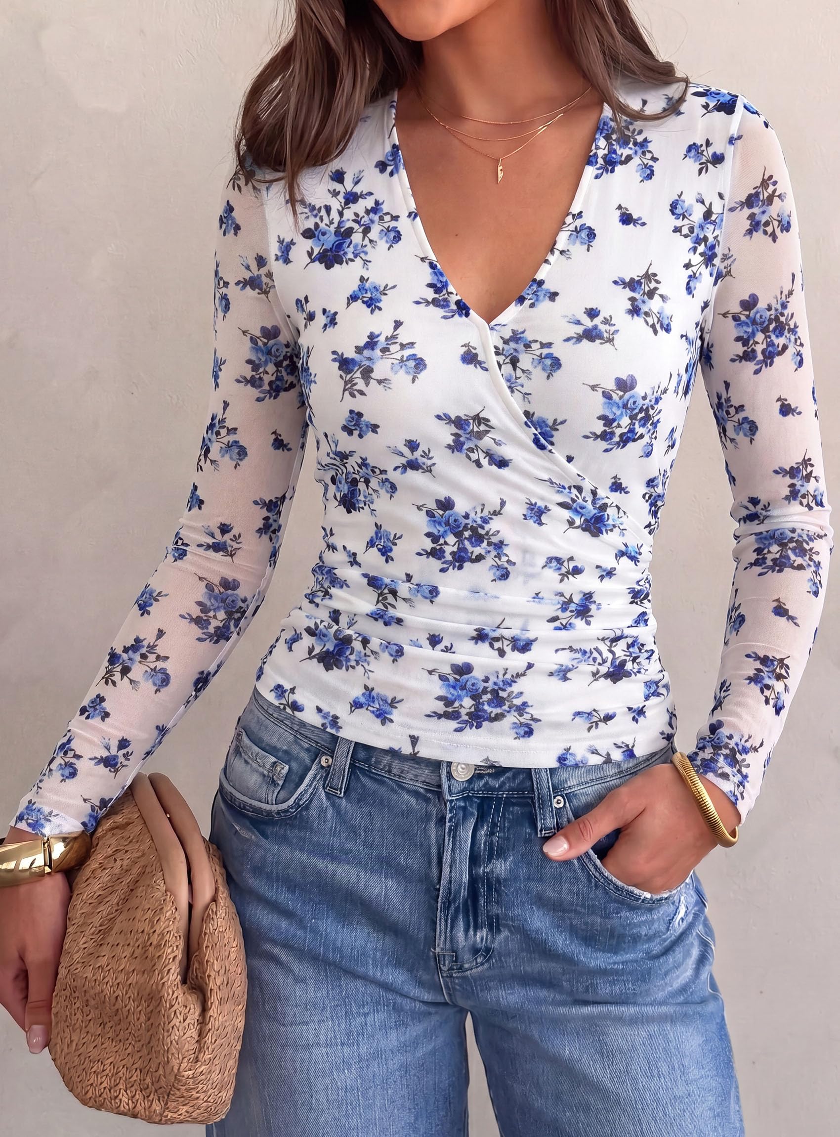 Womens Mesh Wrap Dressy Top Floral V Neck Long Sleeve Shirts