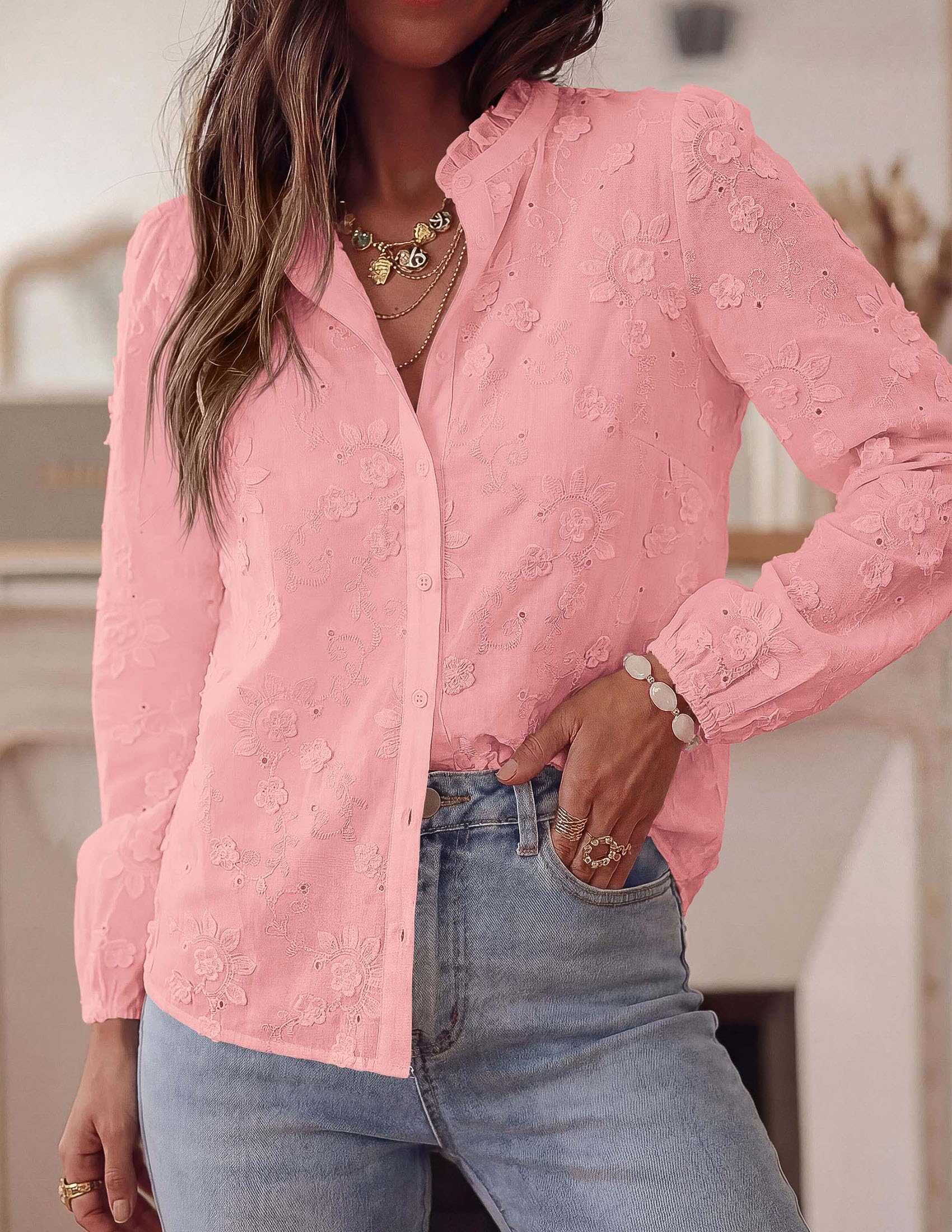 Women's Floral Embroidered Button Down Shirts Work Blouses