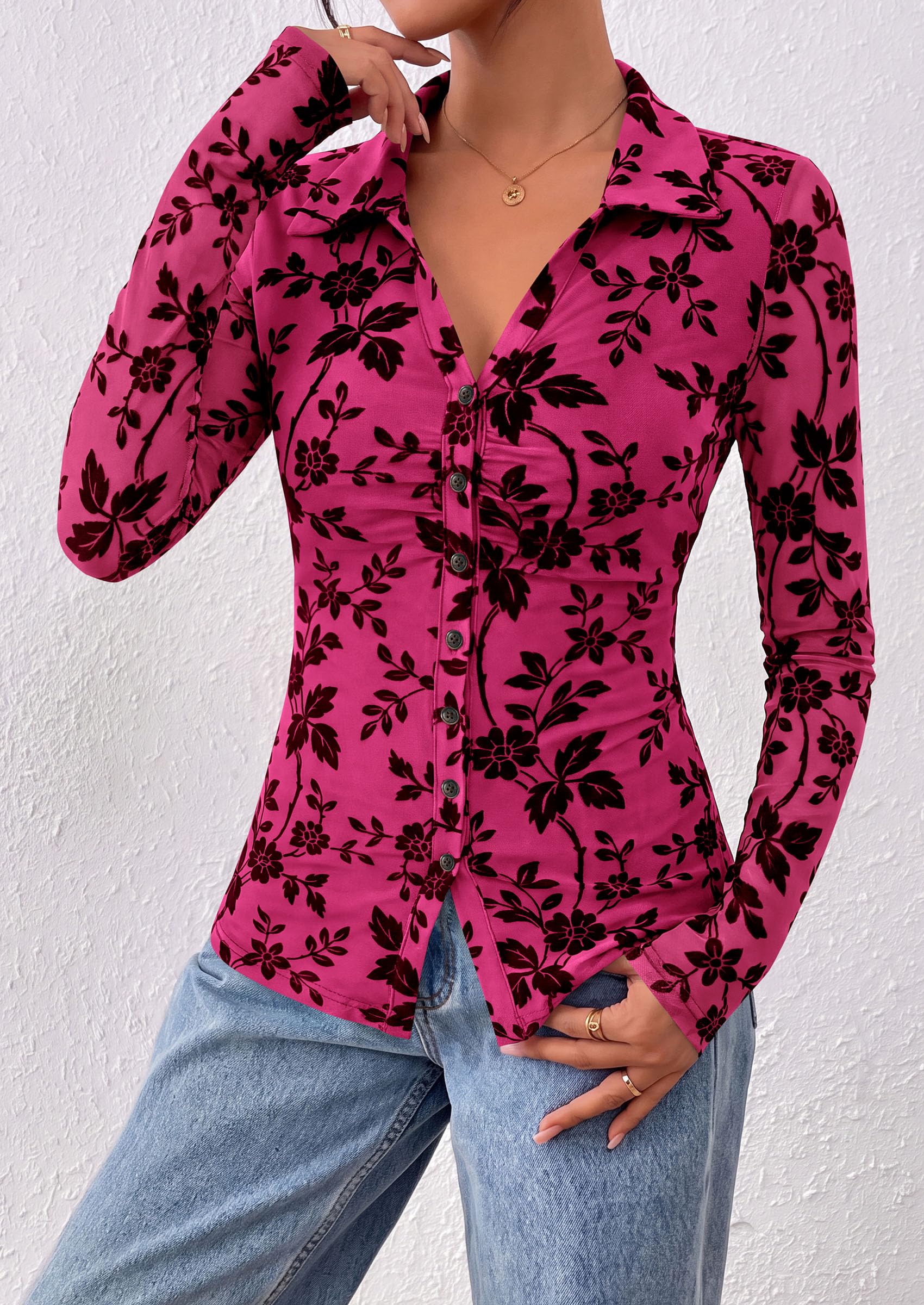 Women's Long Sleeve Floral Mesh Boho Tops Button Down Shirts