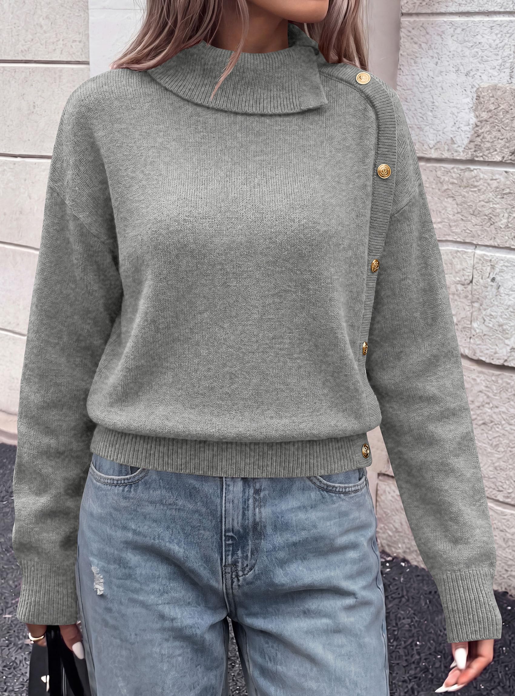 Womens Turtleneck Sweater Pullover Side Button Fall Clothes