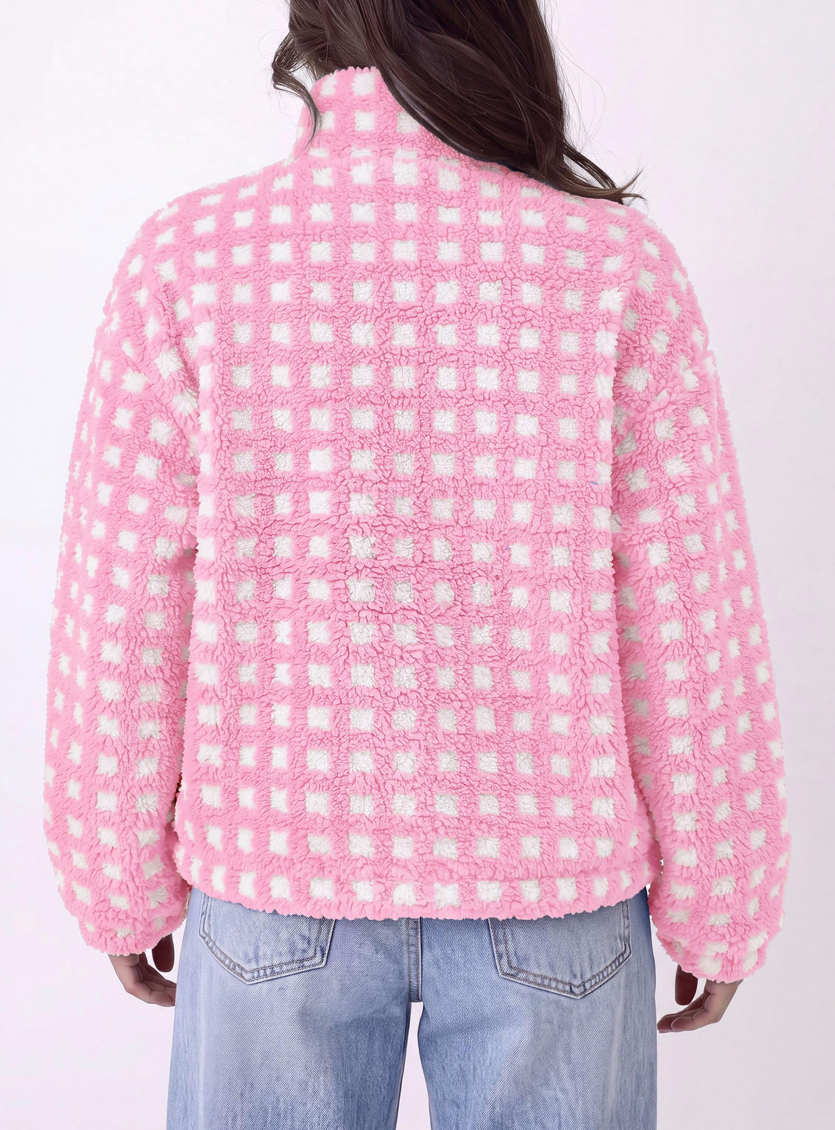 Women's Gingham Sherpa Fleece Jacket Plaid Cropped Teddy Coat