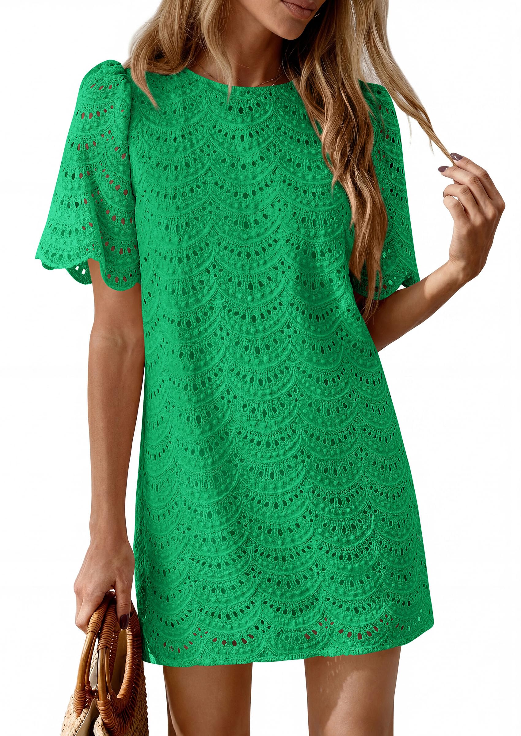Women's Summer Eyelet Lace Short Dress (Green,S)
