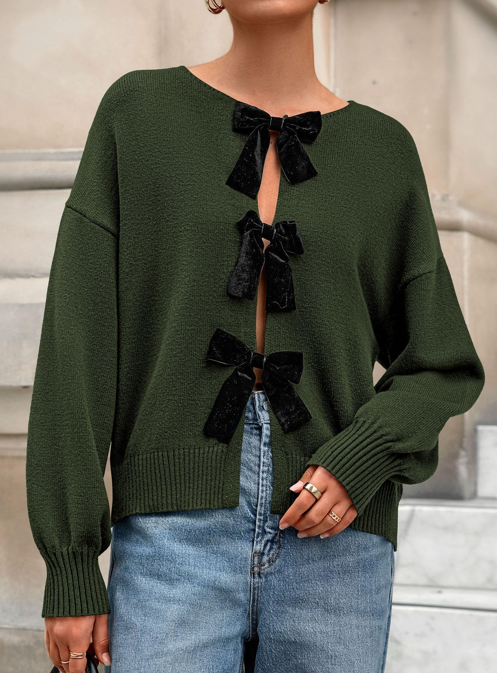 Women's Fall Bow Tie Front Cardigan Sweaters,Army Green,S