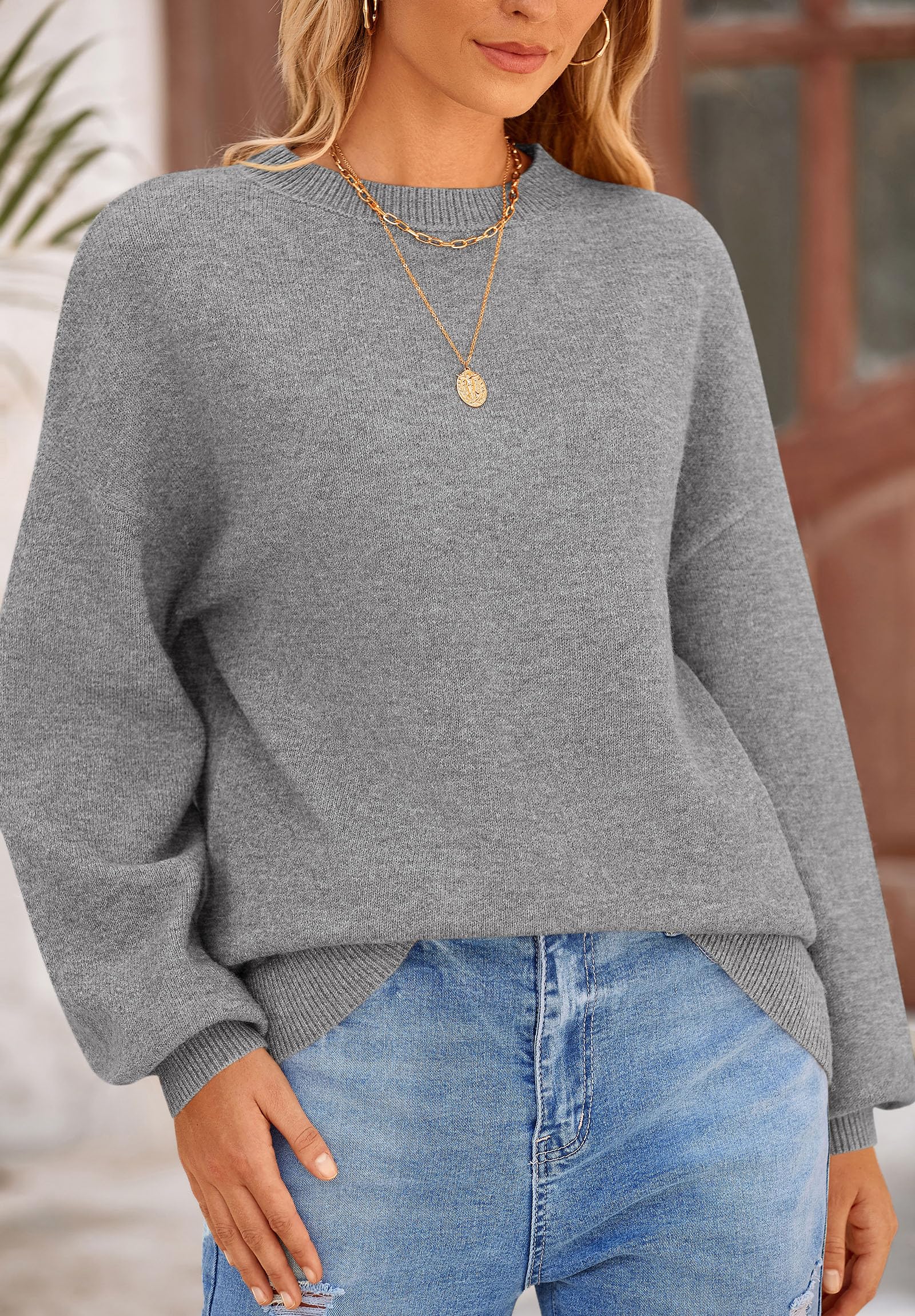Women's 2025 Fall Sweaters Casual Crew Neck Long Sleeve Pullover Tops Ribbed Knit Loose Fit Winter Clothes (Grey,Small)