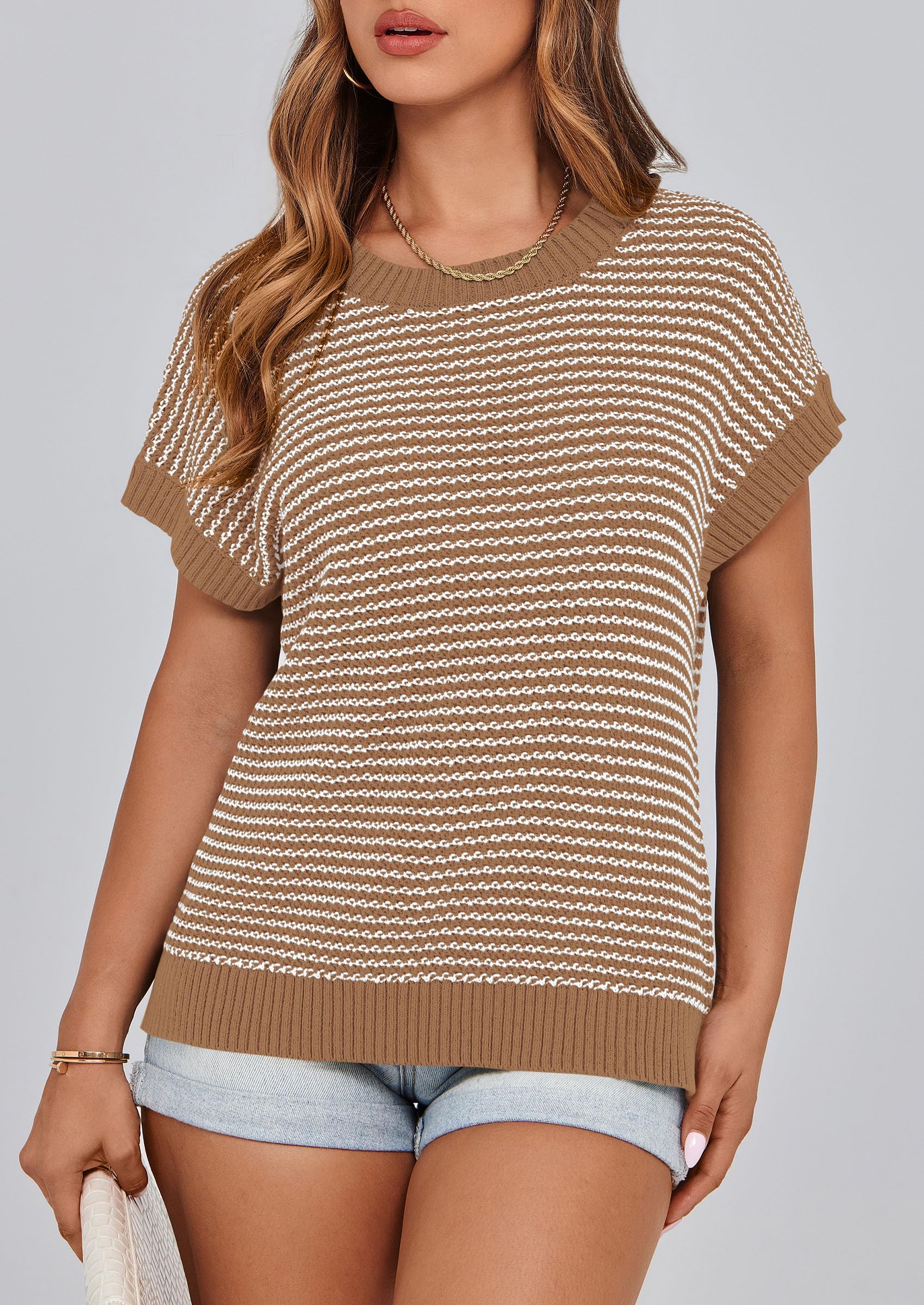 Women's Striped Short Sleeve Sweater Vest Dark Khaki,S