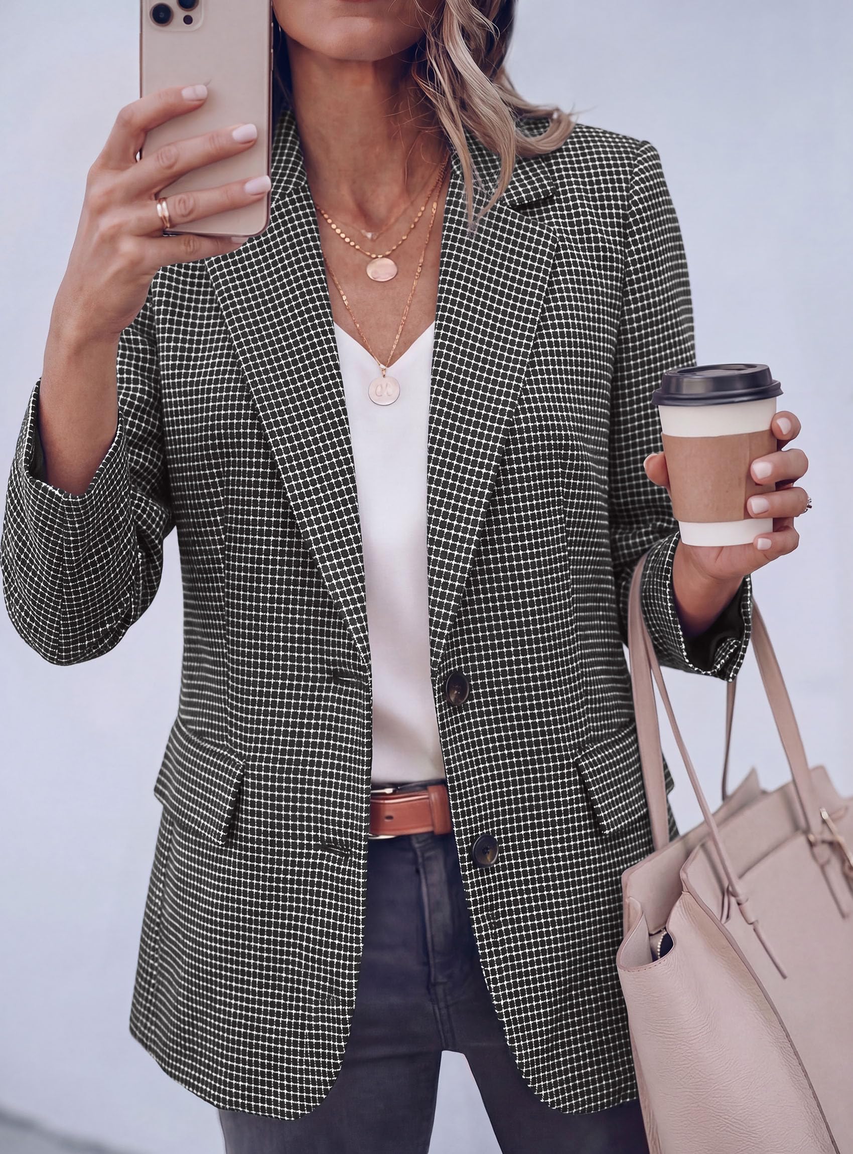 Fall Plaid Blazers for Women Business Casual Black S