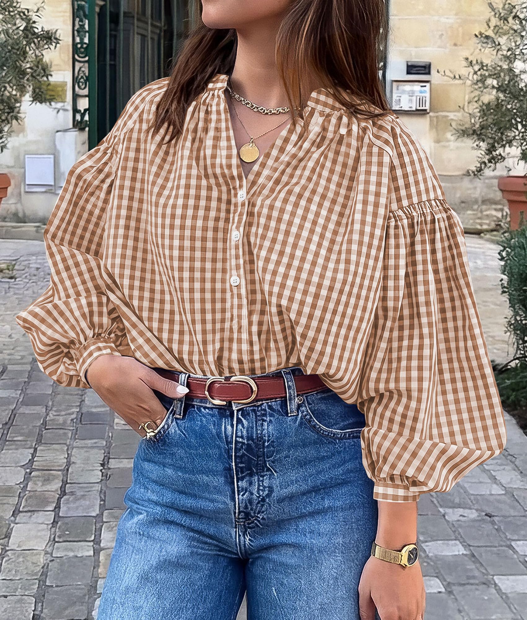 Women Fall Plaid Long Puff Sleeve Shirts V Neck Casual Blouses