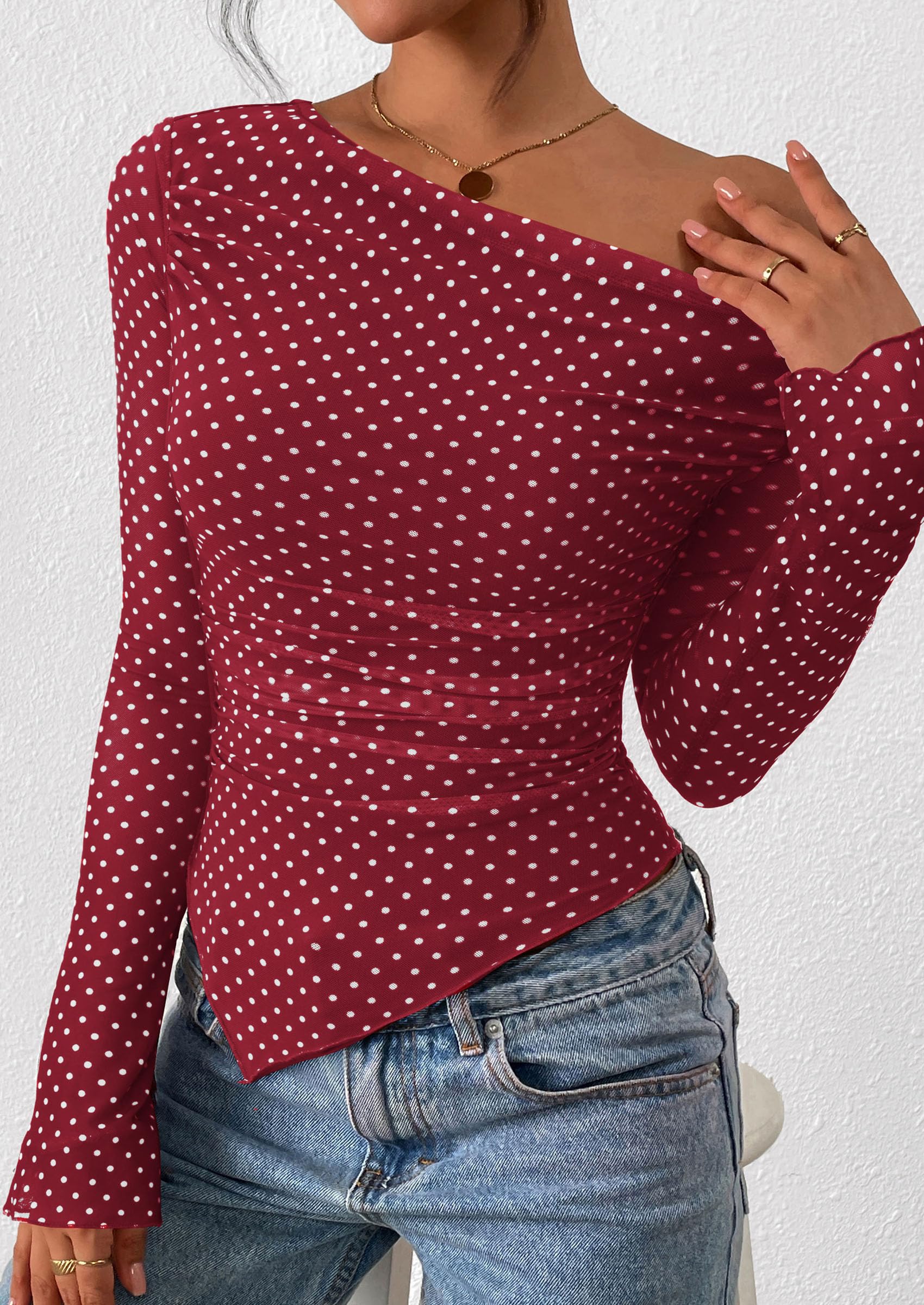 Womens Off Shoulder Mesh Y2k Tops,Small Dot Red White,XS