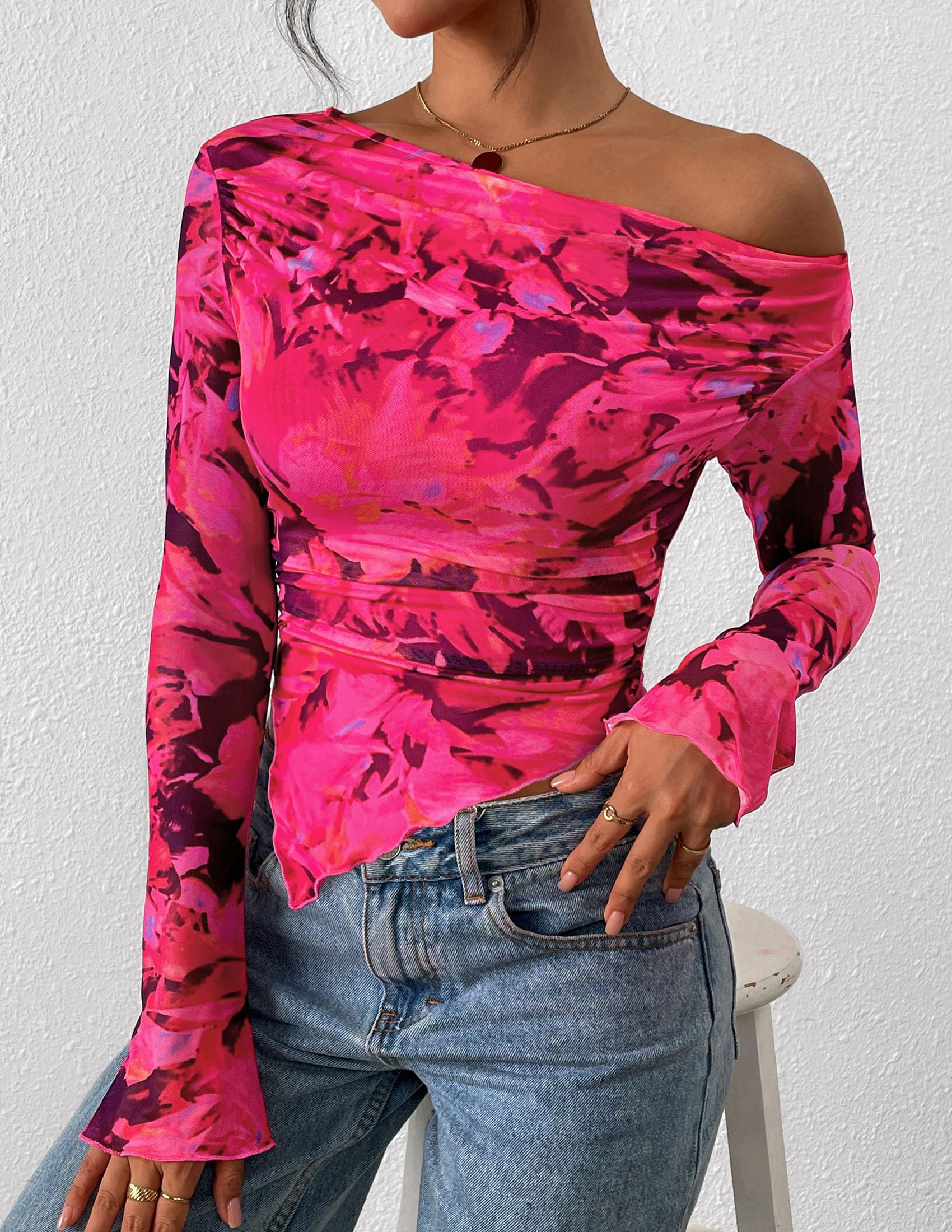 Womens Off Shoulder Mesh Y2k Tops,Floral Rose Red,XS