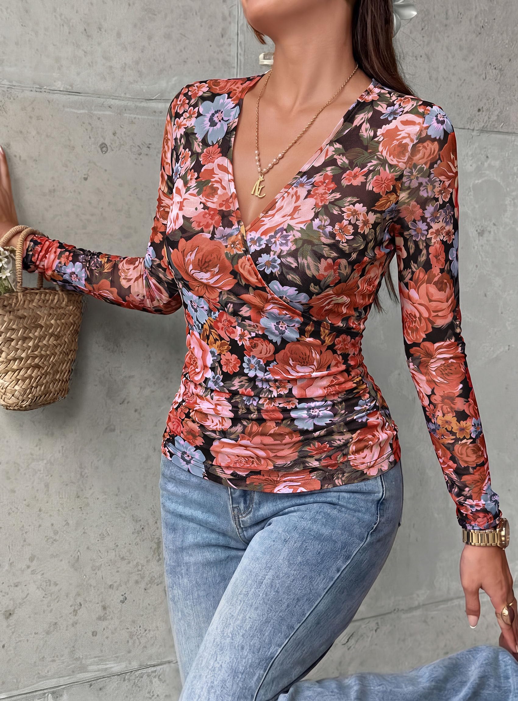 Womens Mesh Wrap Dressy Top Floral V Neck Long Sleeve Shirts