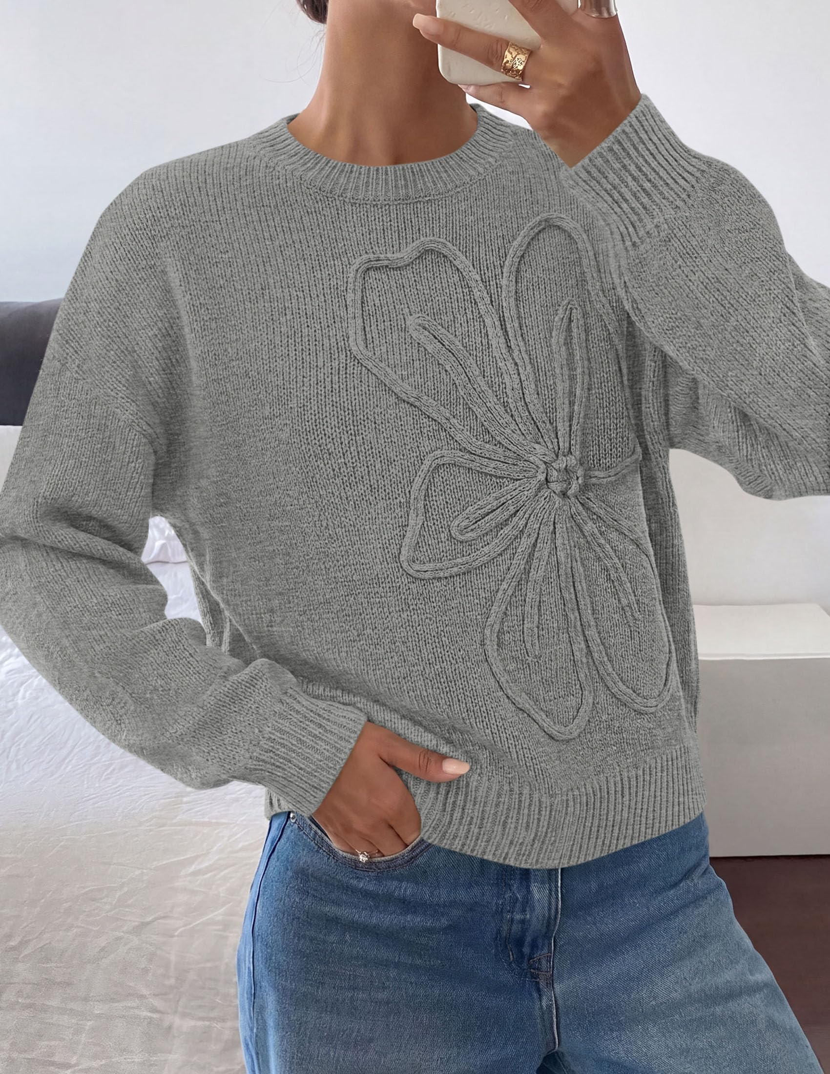 Women's Oversized 3D Floral Knit Sweater,Grey,S
