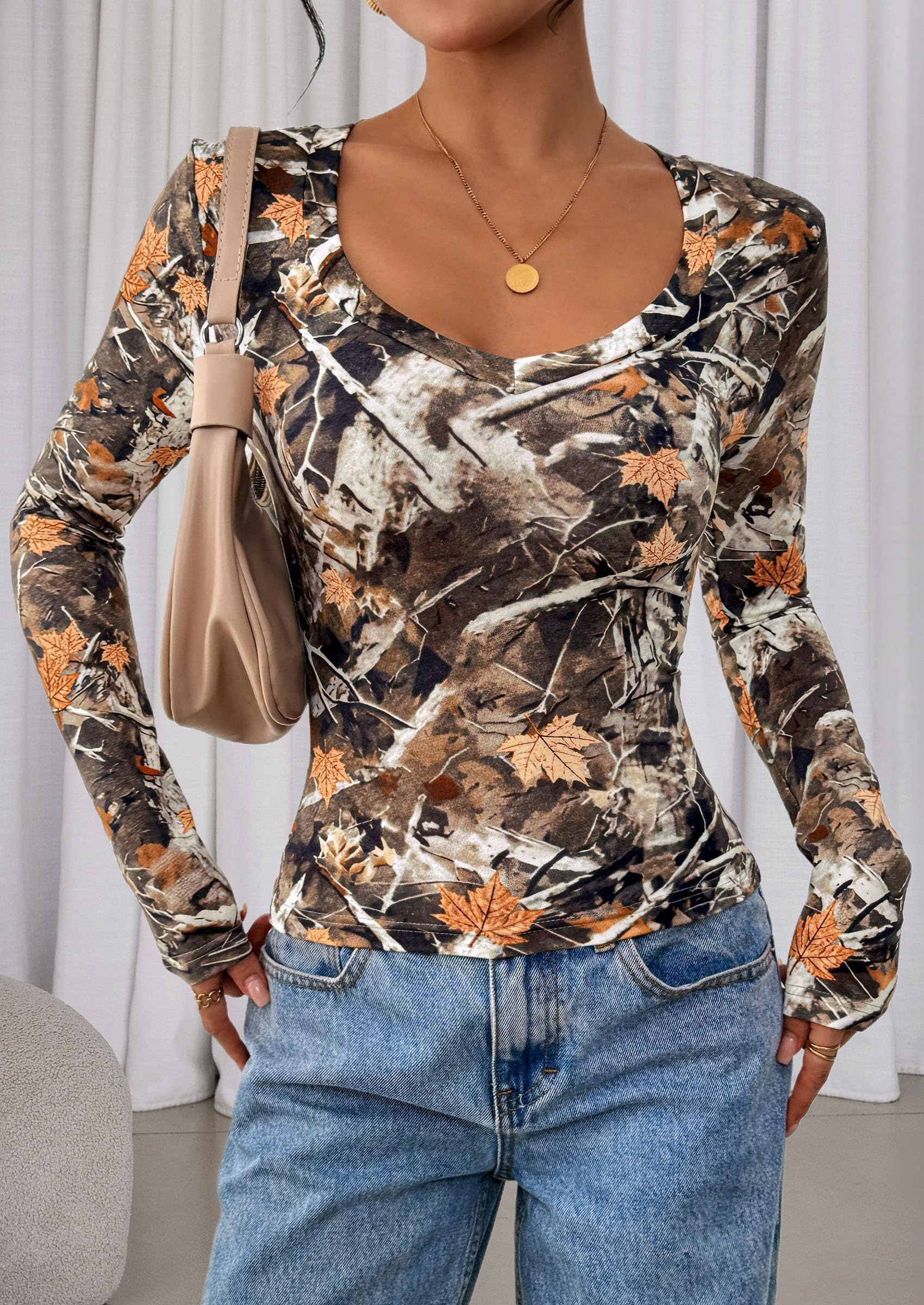 Womens Long Sleeve Slim Fit Crop Tops,Khaki Floral,XS