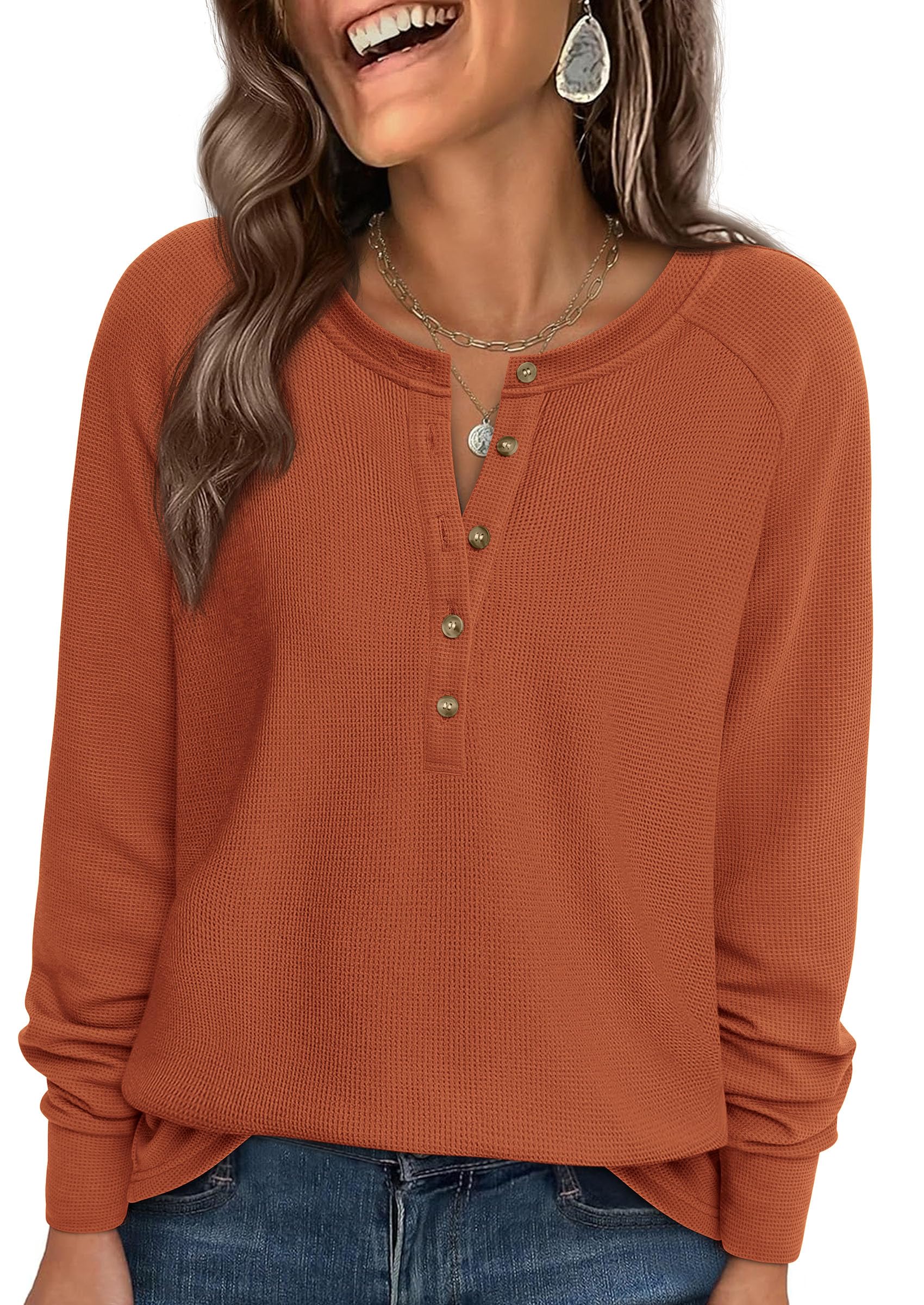 Women's Long Sleeve Waffle Knit Henley Shirts Loose Tunic Tops