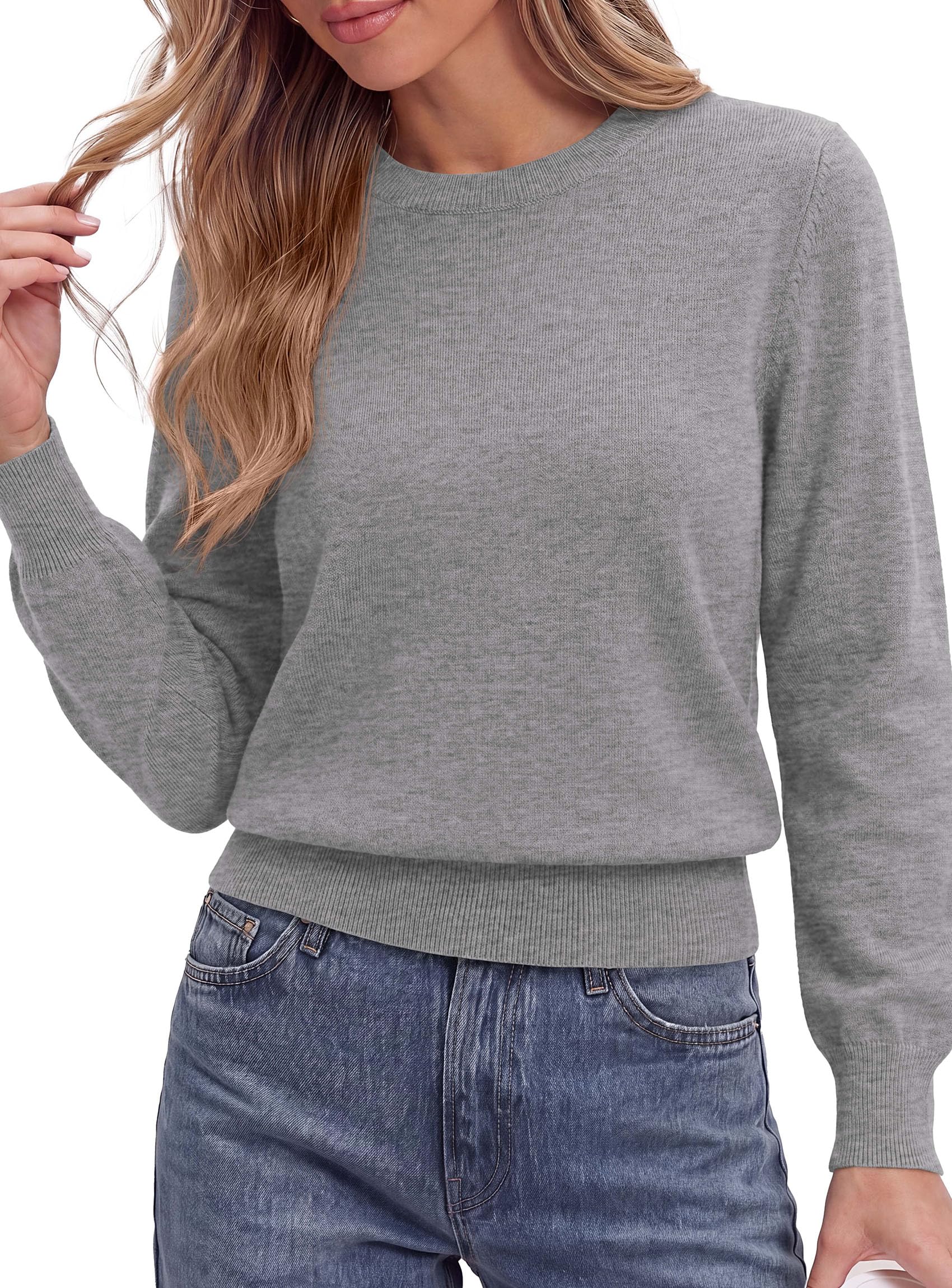 Women’s Long Sleeve Crew Neck Cropped Sweaters Grey,S