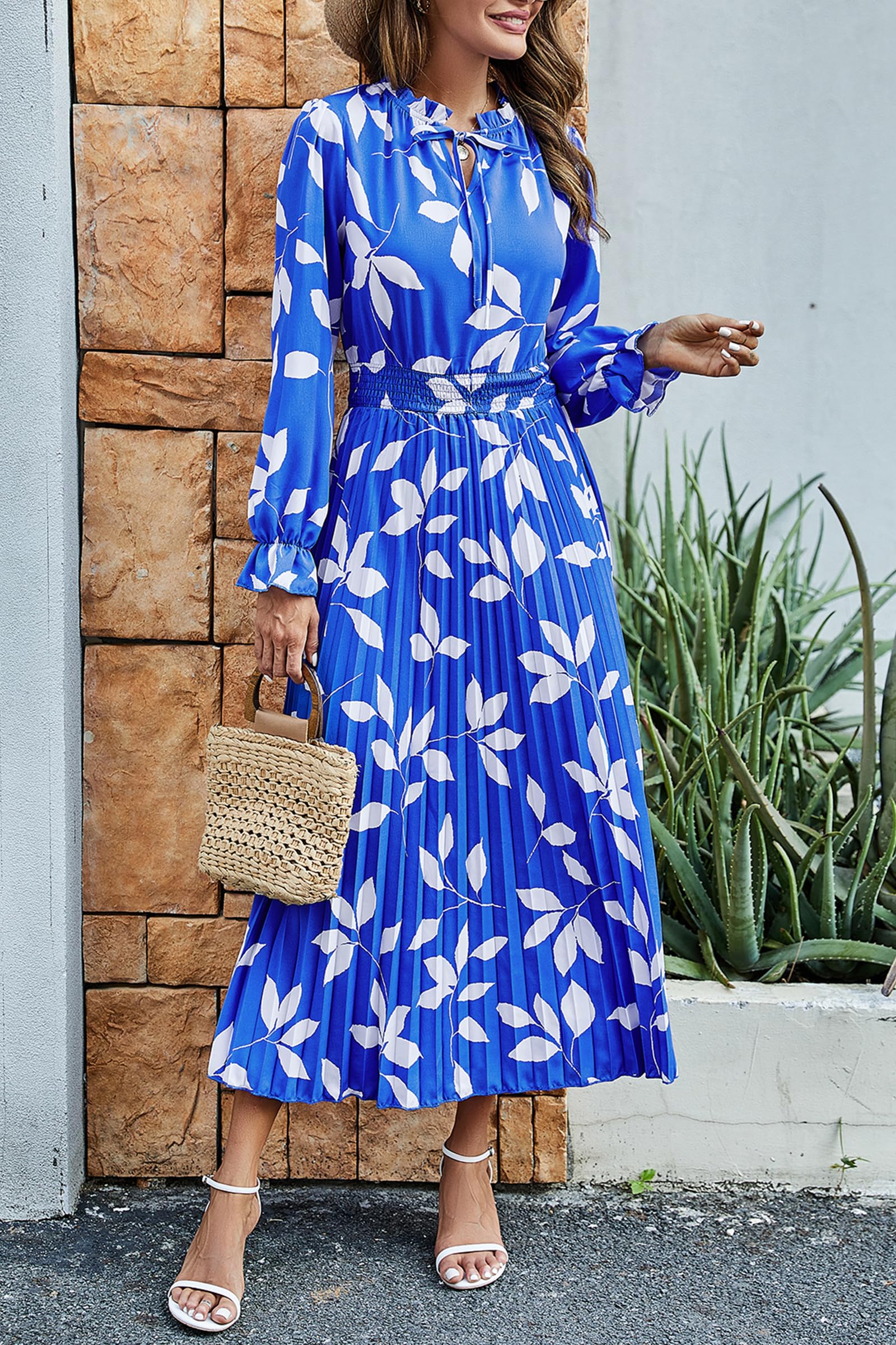 Women's Fall Midi Wedding Guest Dress(Blue Leaves,Medium)