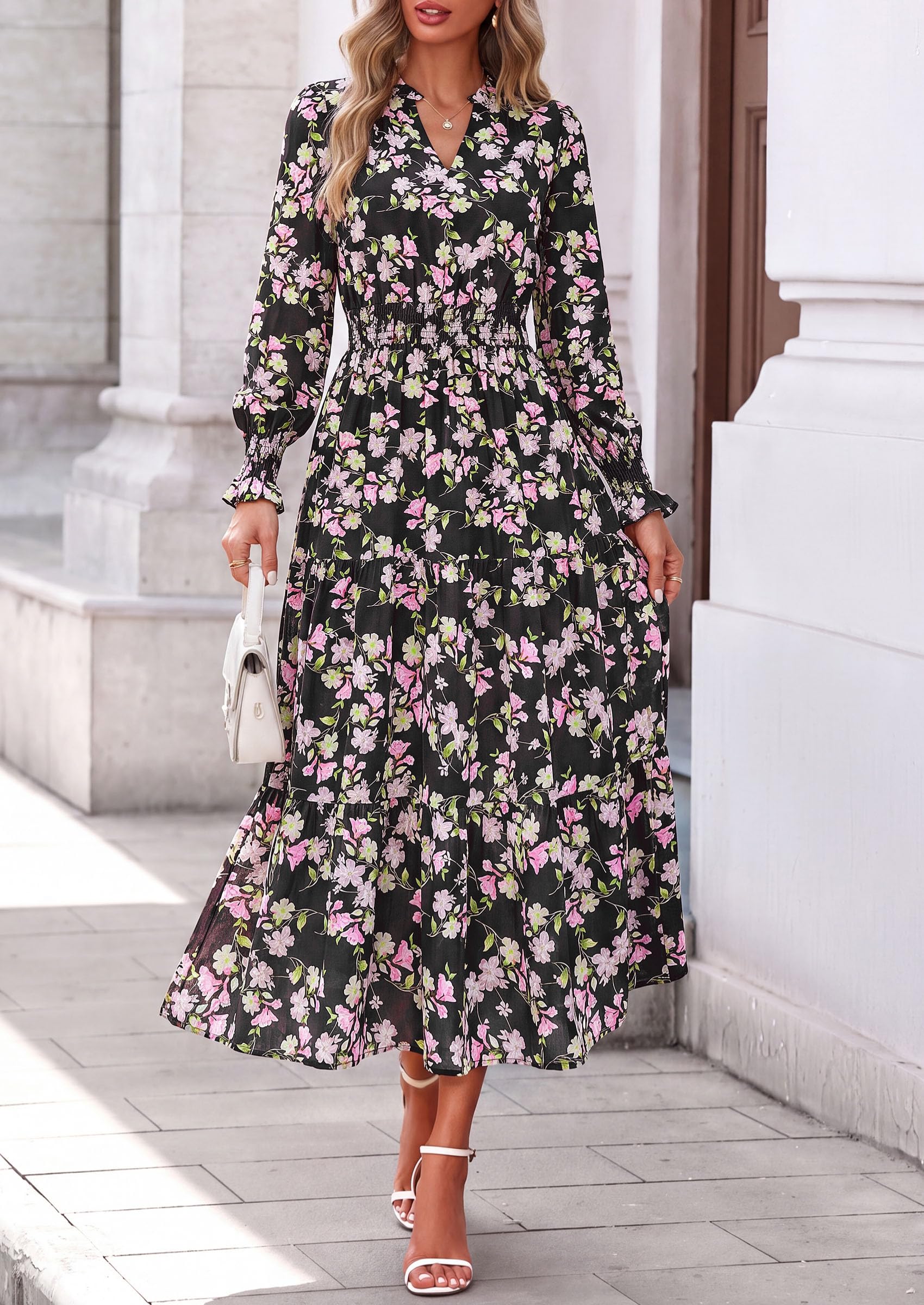 Women's Floral Maxi Dress Fall A Line Wedding Guest Dresses
