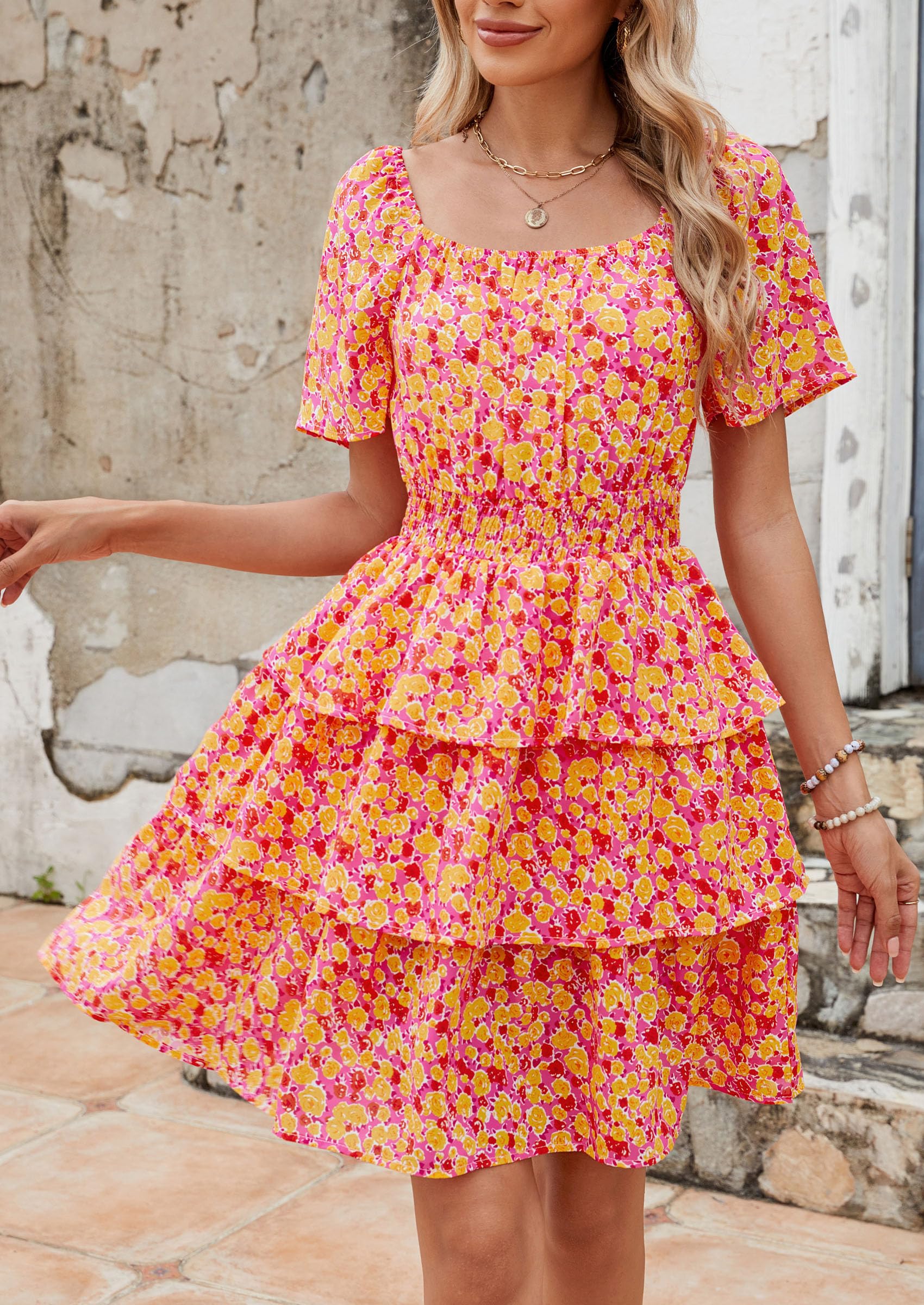 Women's Summer Floral Ruffle Short Dress Rose Red Floral,S