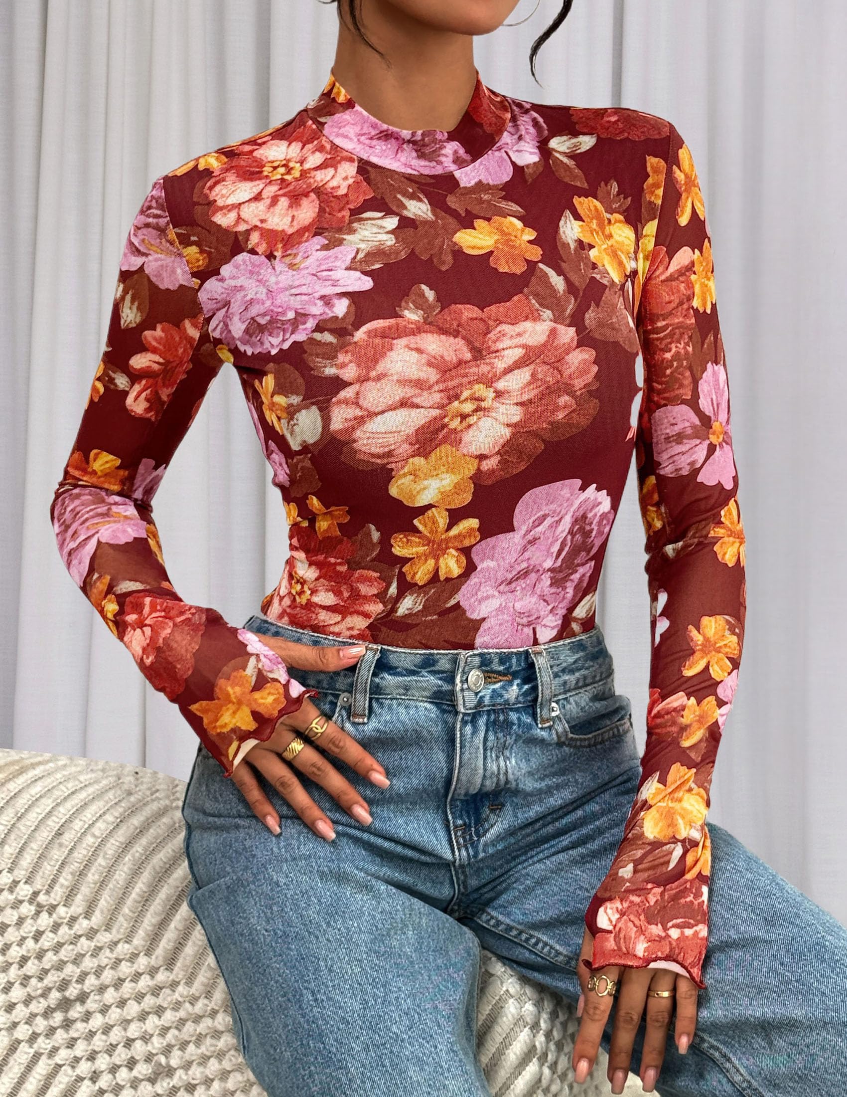 Womens Floral Mesh Long Sleeve Tops Fall Slim Fitted Shirts