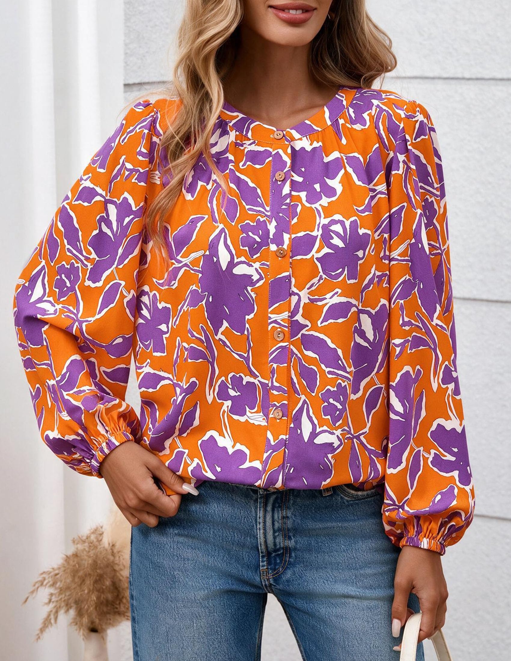Women's Boho Tops Fall Long Sleeve Button Down Floral Blouses