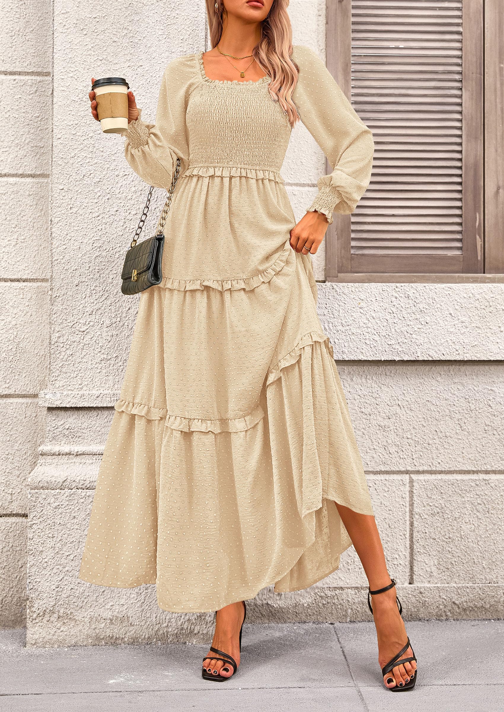 Women's Smocked Long Sleeve Maxi Dress Wedding Guest Dresses