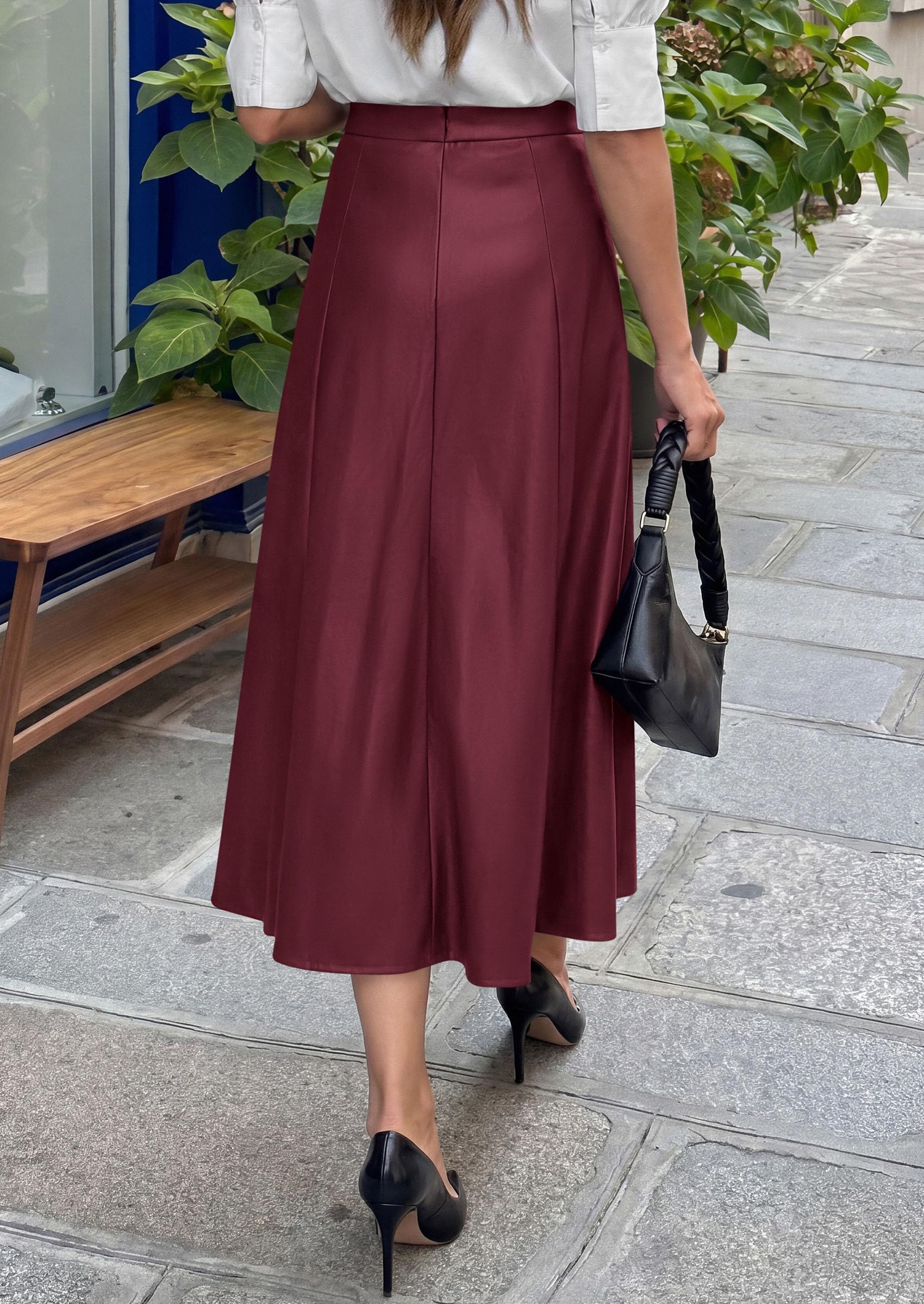 Womens Faux Leather High Waisted Midi Skirt,Wine Red,S
