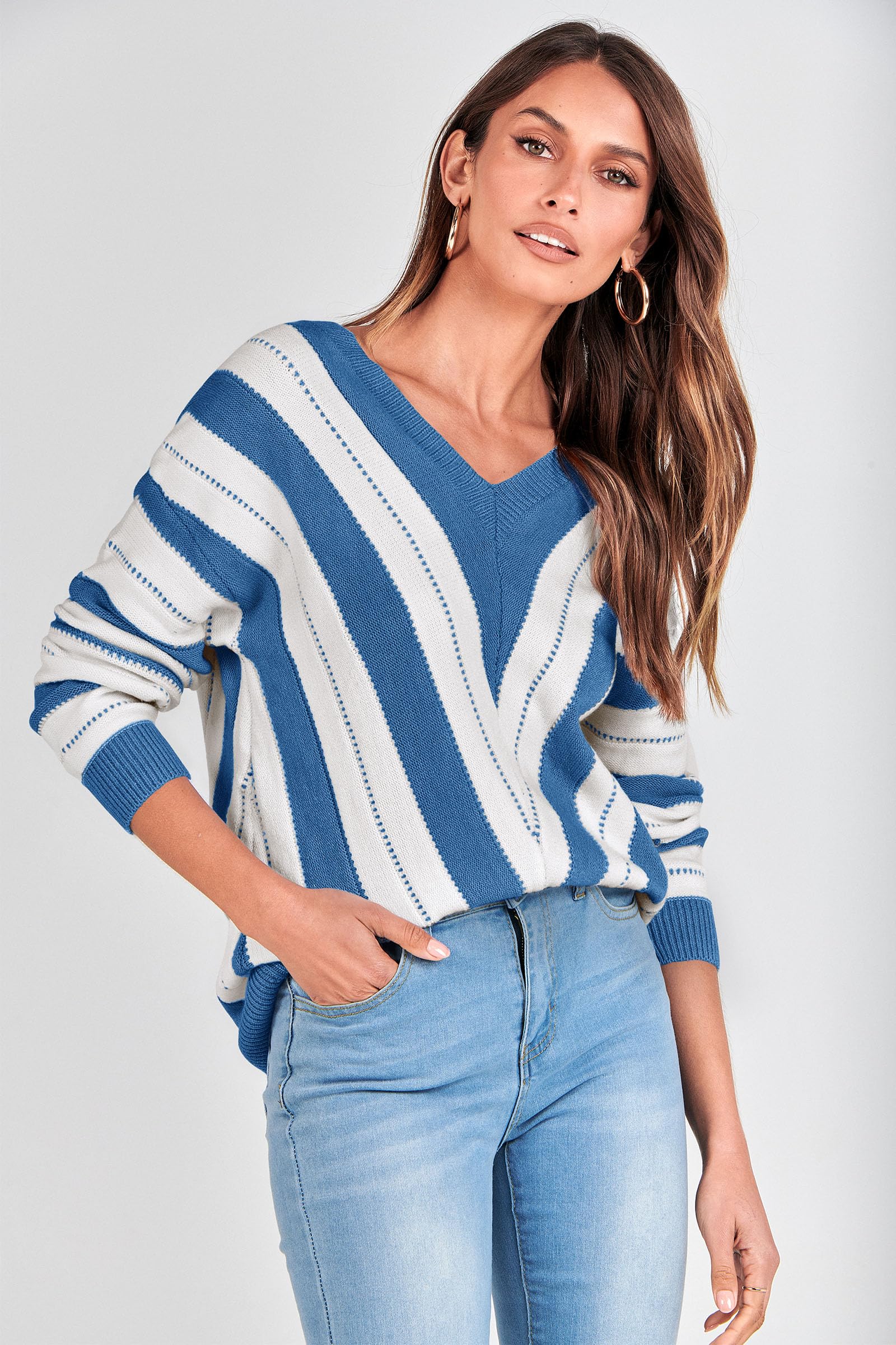 Women's V Neck Striped Knit Pullover Sweater