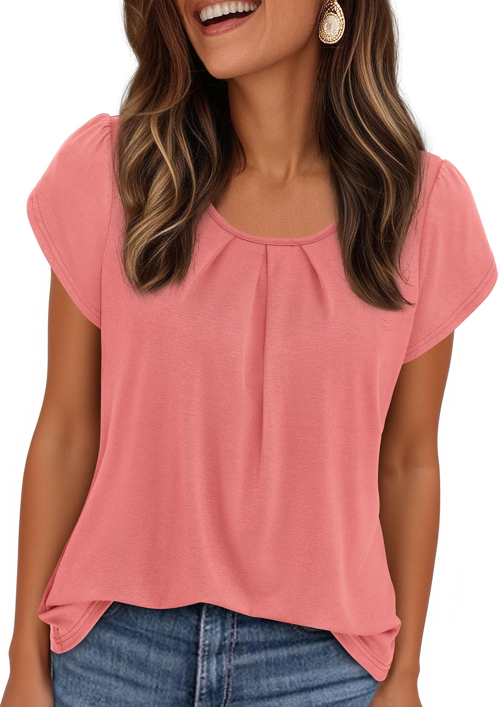 Women's Summer Short Sleeve Tops Casual Blouses,Coral Pink,S