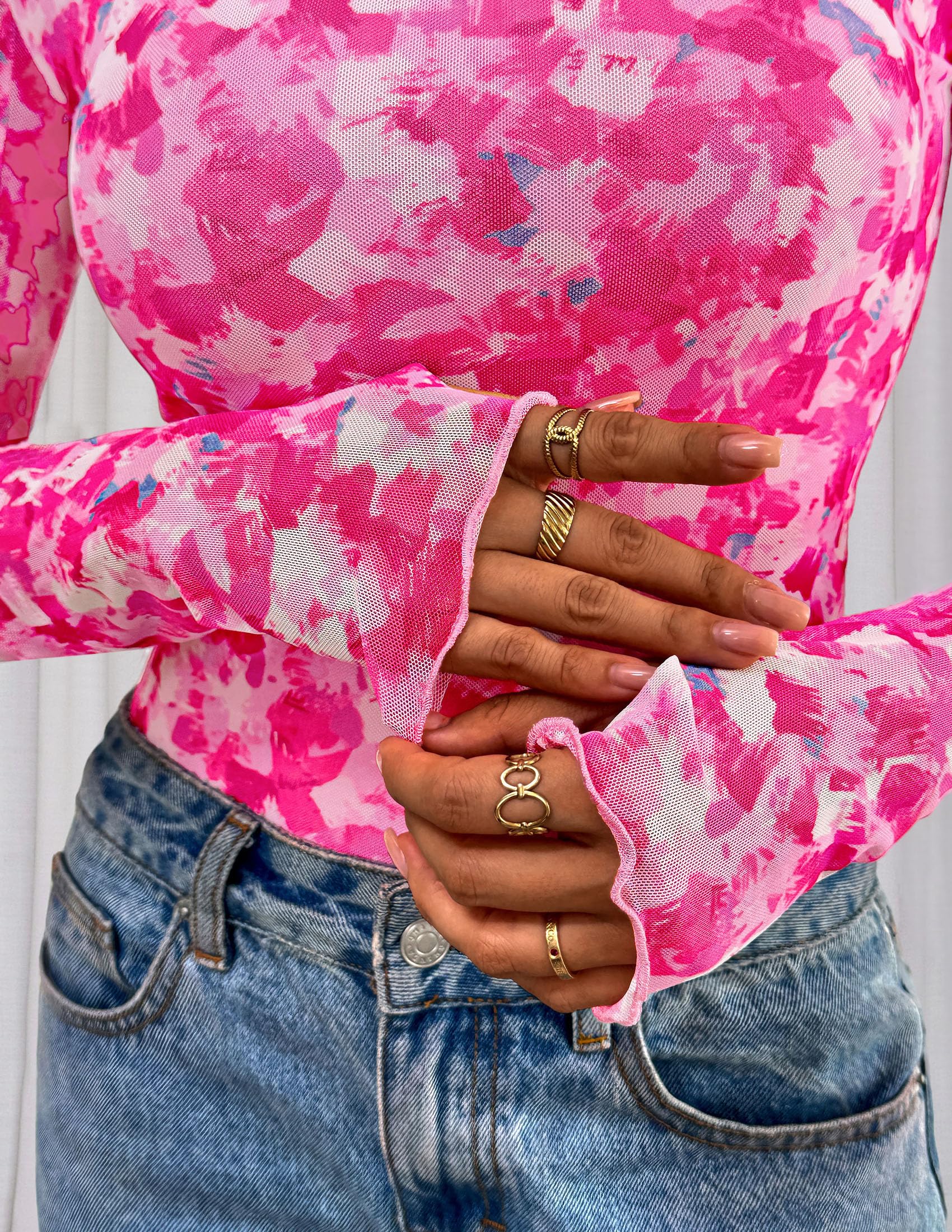 Womens Floral Mesh Long Sleeve Tops Fall Slim Fitted Shirts