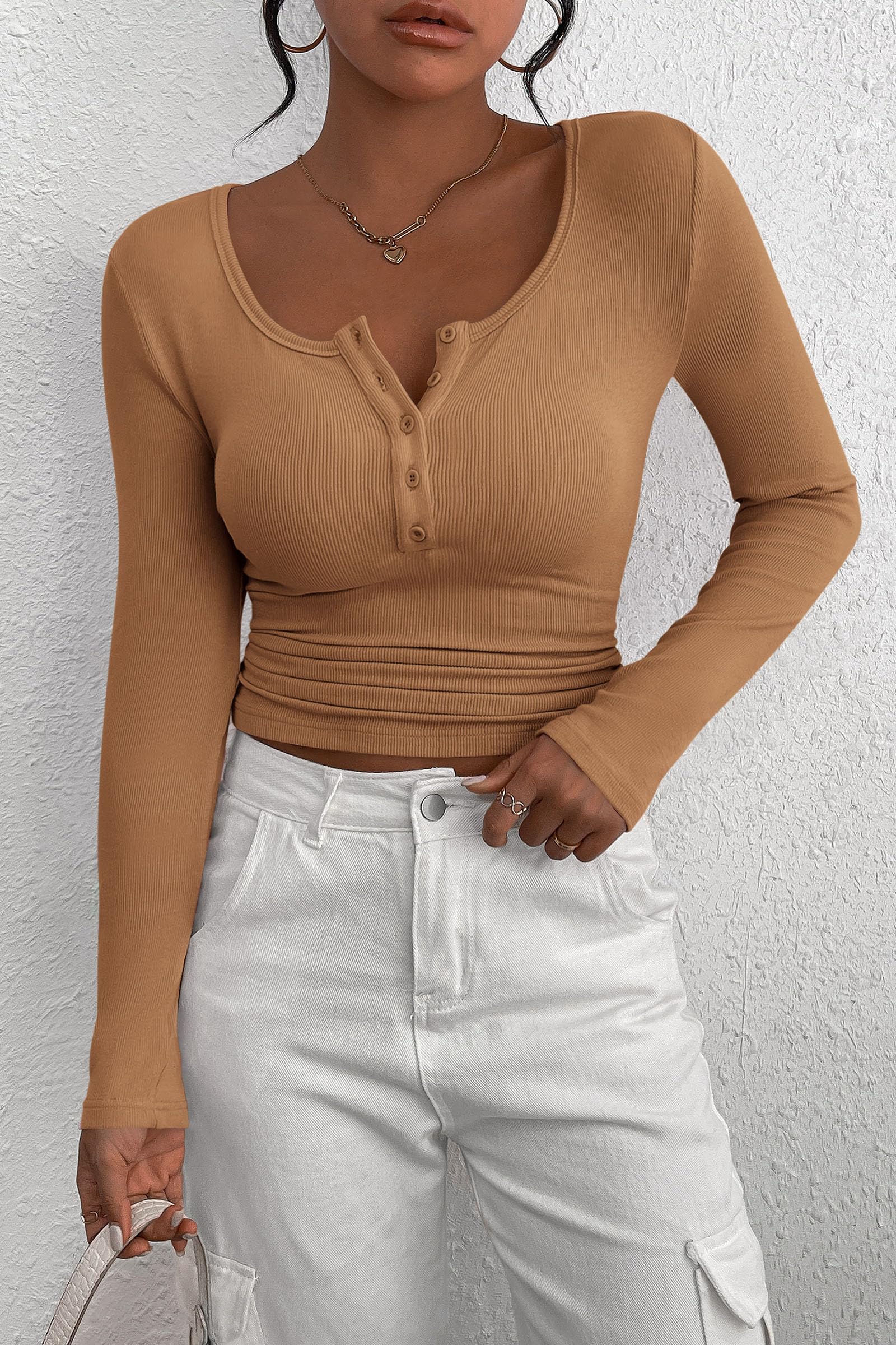 Women's Fall Long Sleeve Henley T Shirts Light Camel