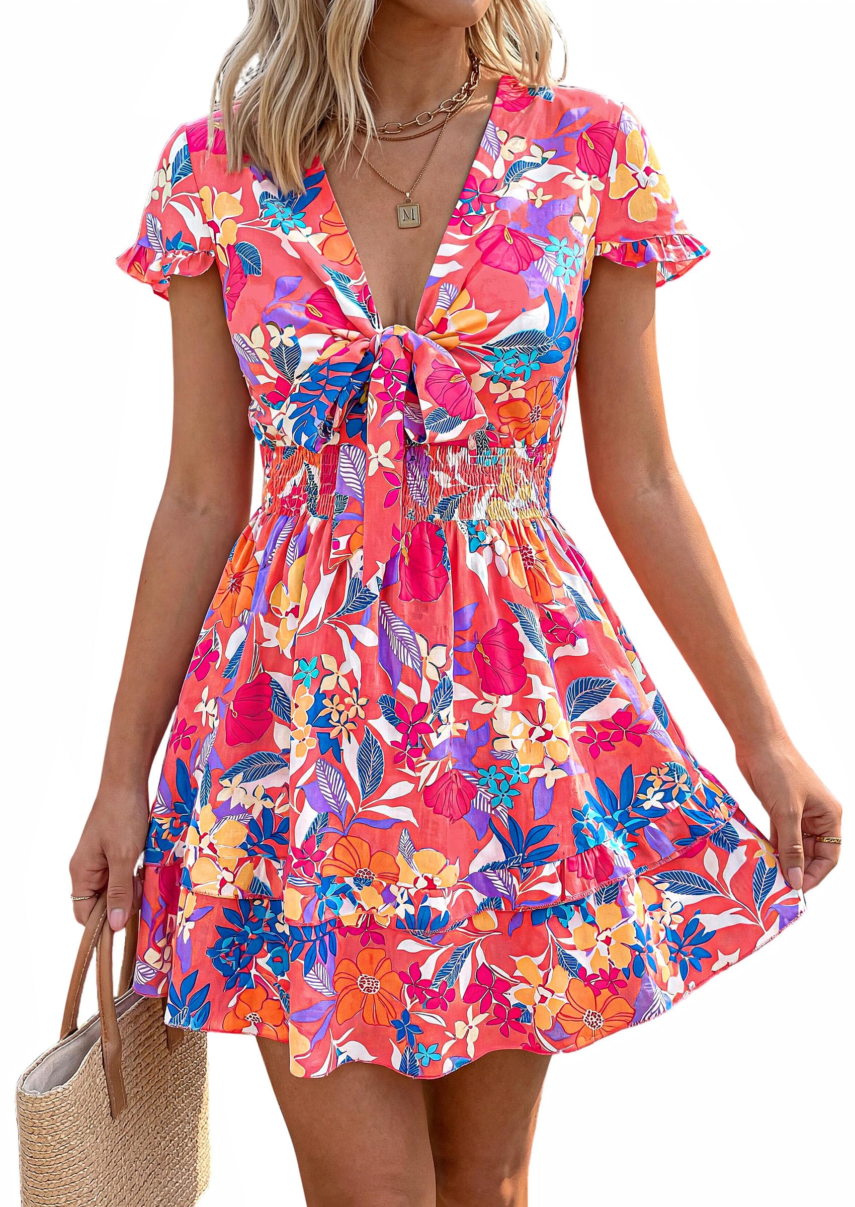 Women's Boho Floral Mini Tiered Dress, Floral Pink Orange,S