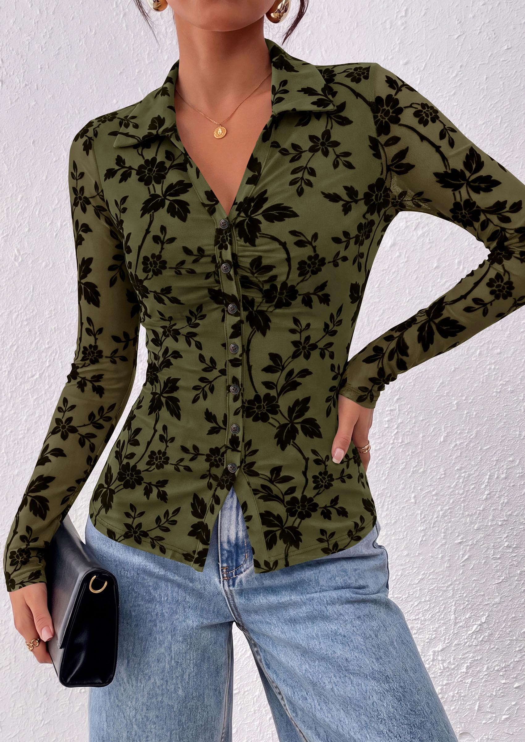 Women's Long Sleeve Floral Mesh Boho Tops Button Down Shirts