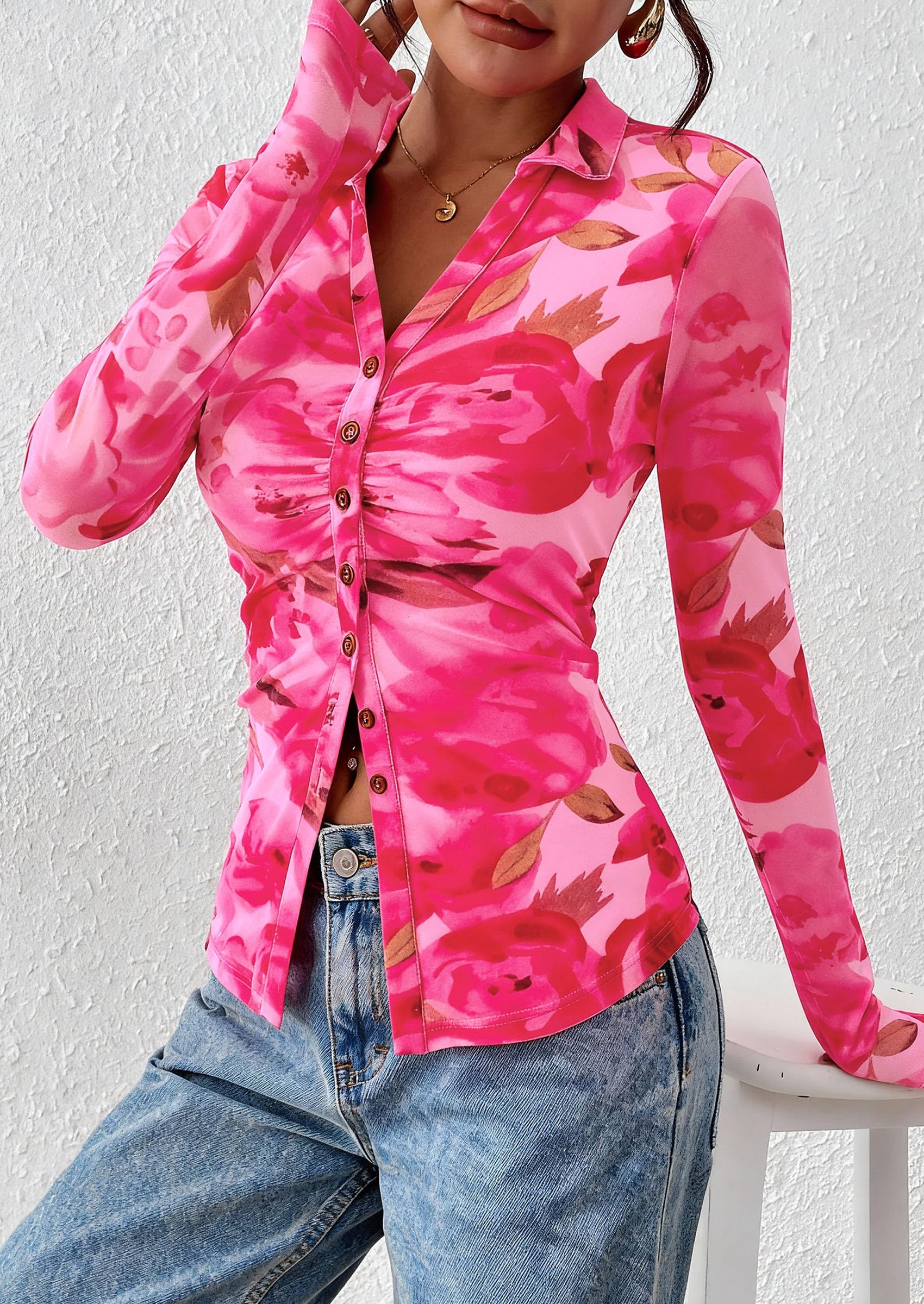 Women's Button Down Shirts Boho Mesh Floral Going Out Tops