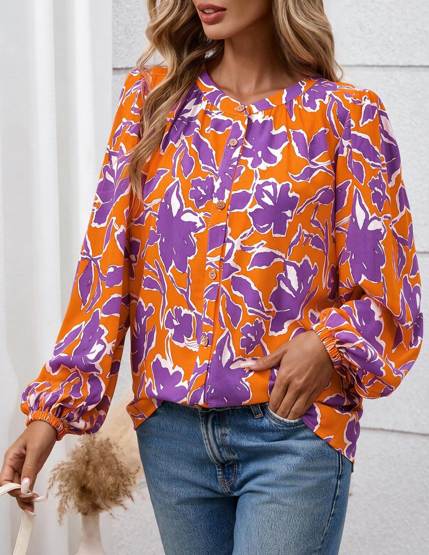 Women's Boho Tops Fall Long Sleeve Button Down Floral Blouses