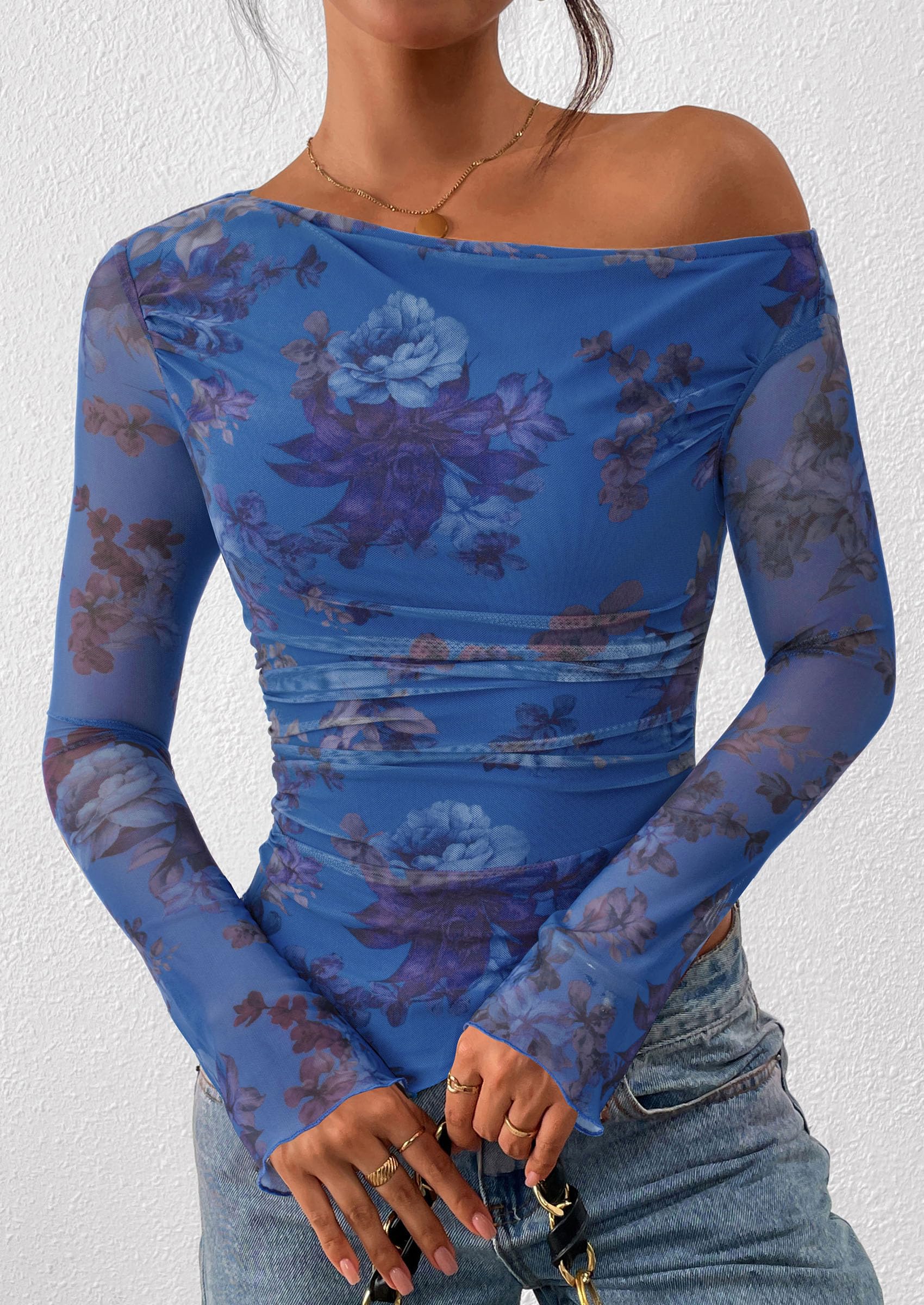 Womens Off Shoulder Mesh Y2k Tops,Floral Blue,XS