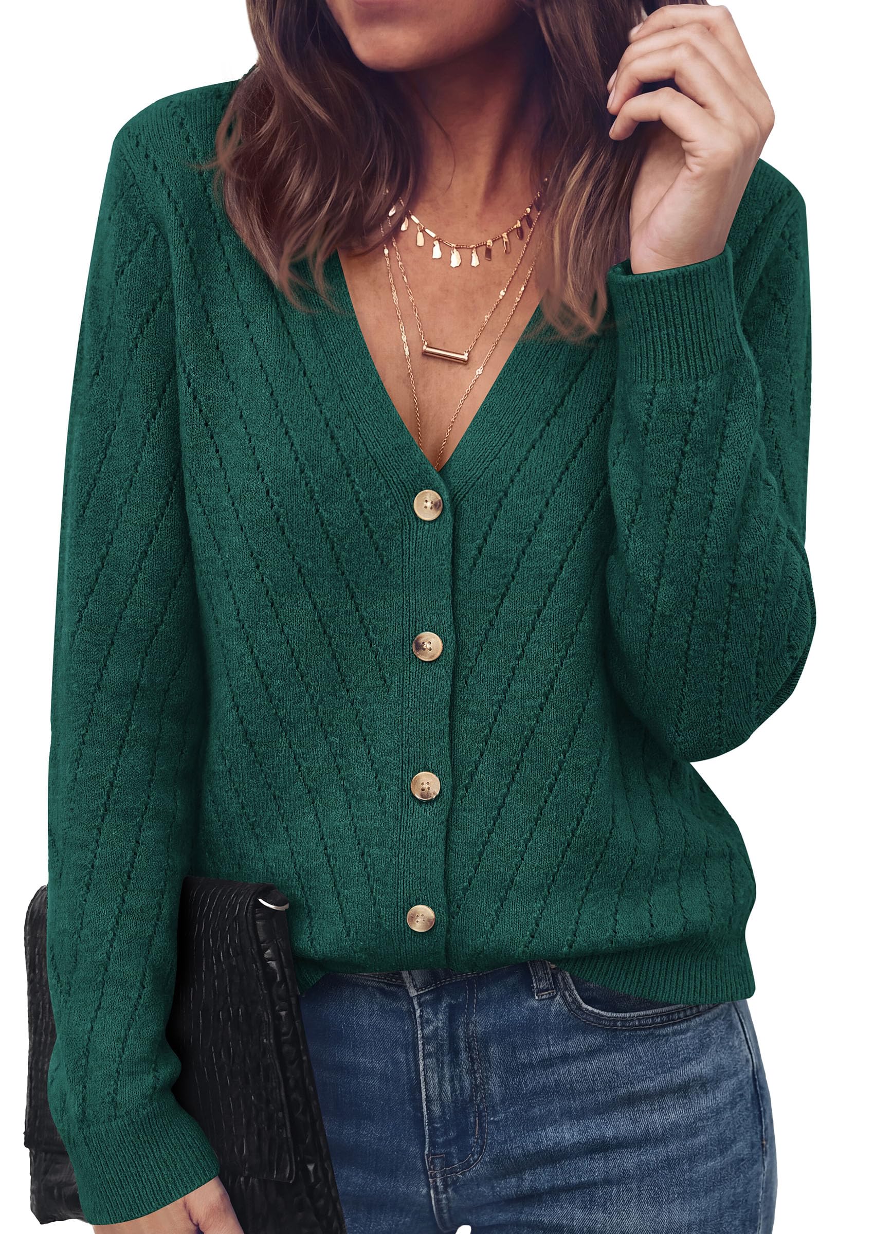 Women's Cozy Cardigan Sweater with Button (Dark Green,S)