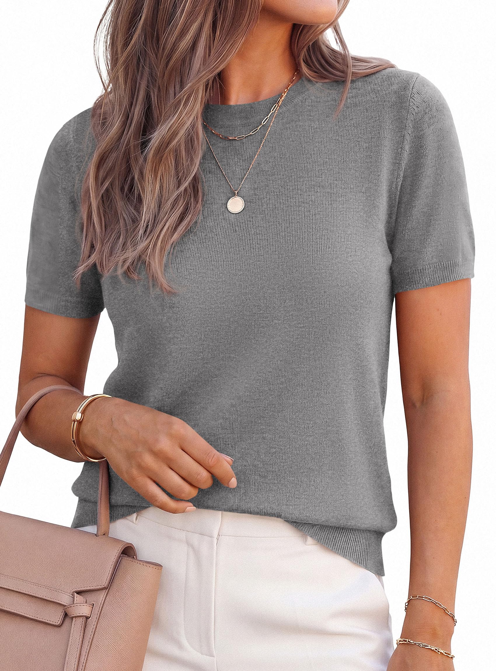 Women's Short Sleeve Sweaters Summer Tops,Grey,S