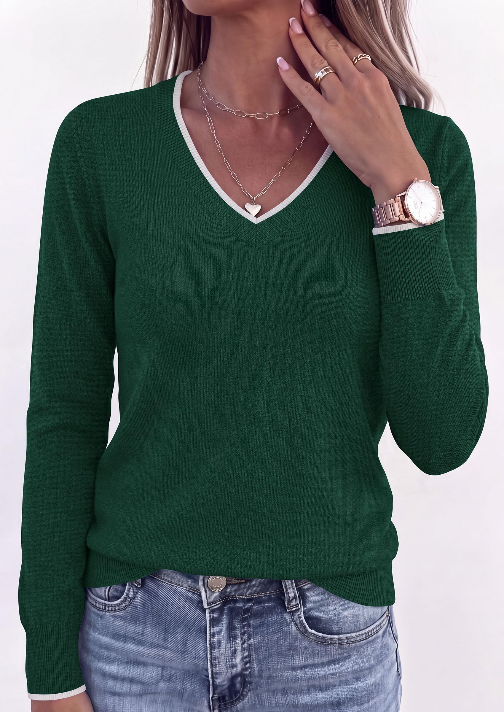 Women's V Neck Sweater Long Sleeve Knit Tops (Dark Green,S)