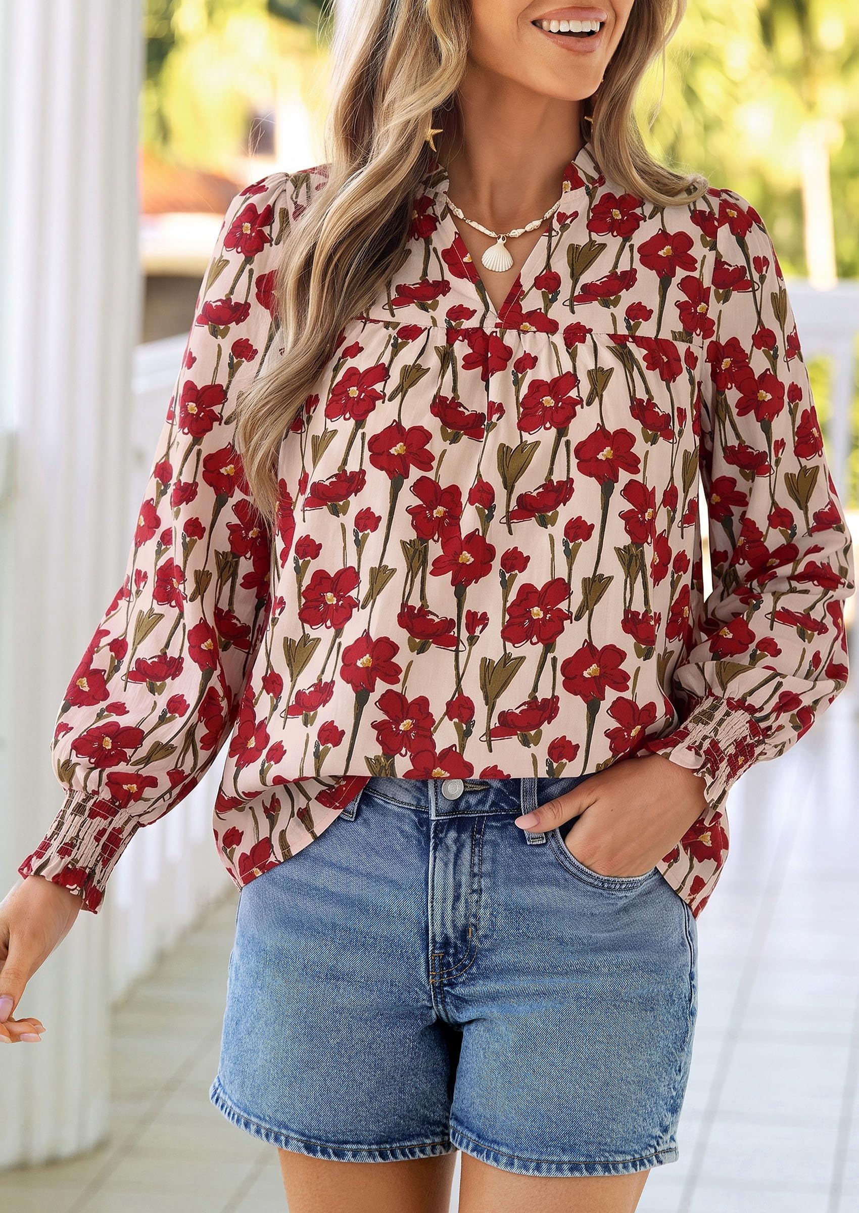 Women's Boho Floral Blouses Dressy Casual Apricot Red,S
