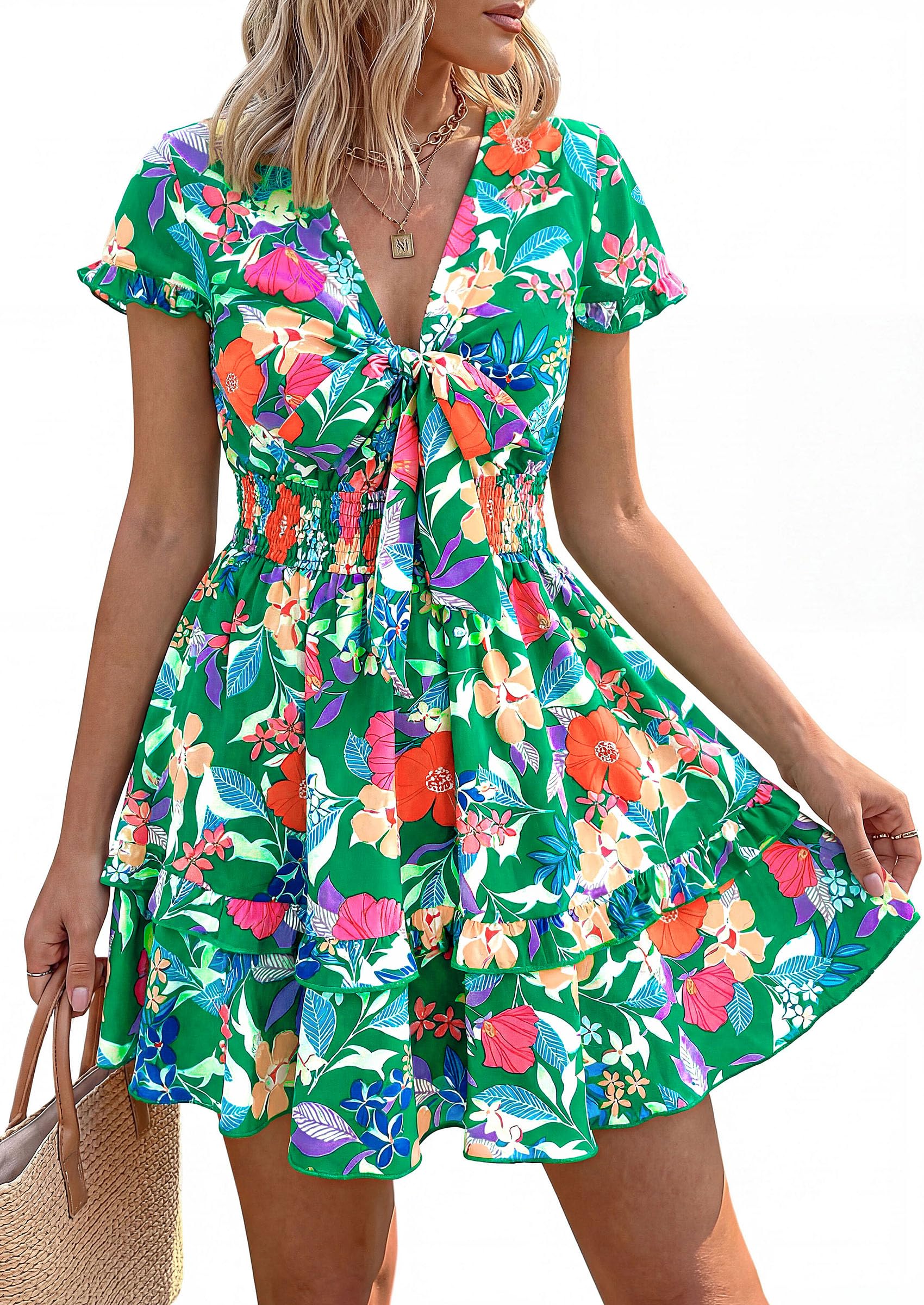 Women's Boho Floral Mini Tiered Dress, Floral Green Orange,S