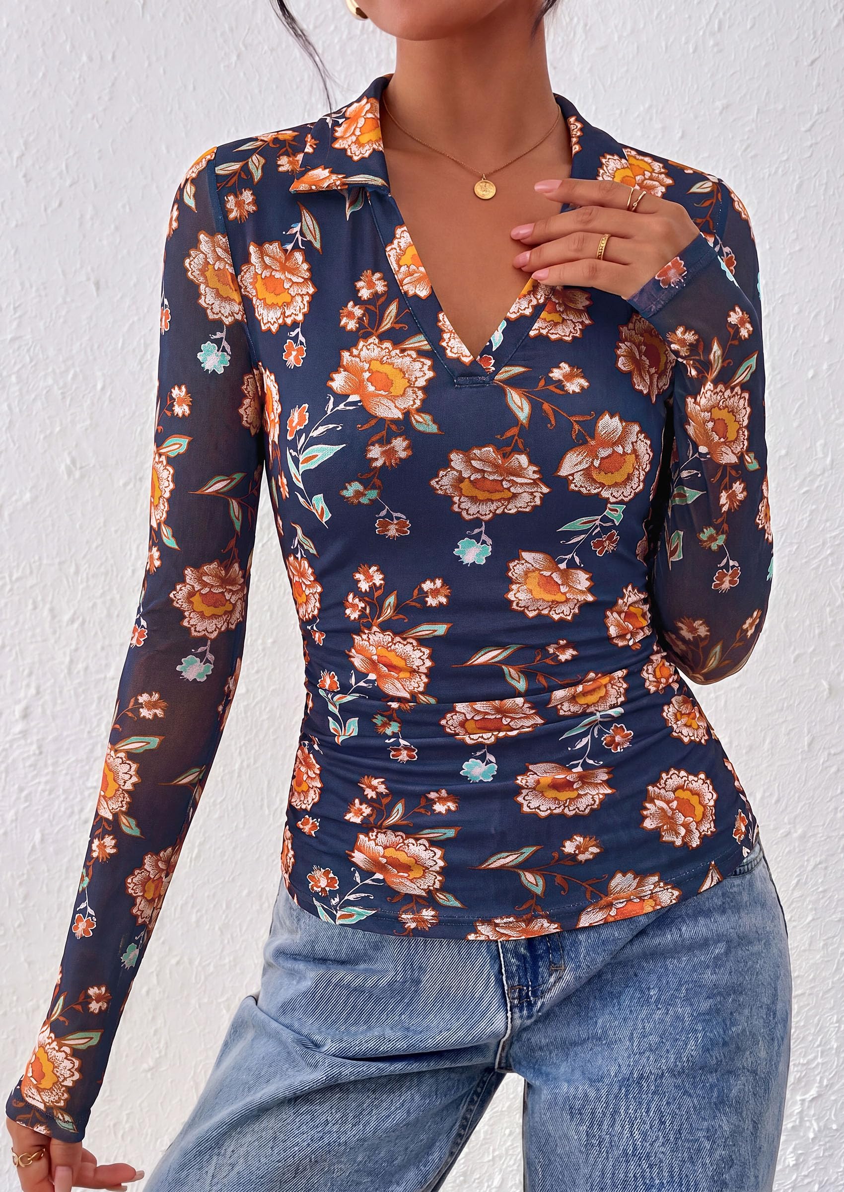 Women's Long Sleeve Boho Floral Mesh Tops Fall V Neck Blouses