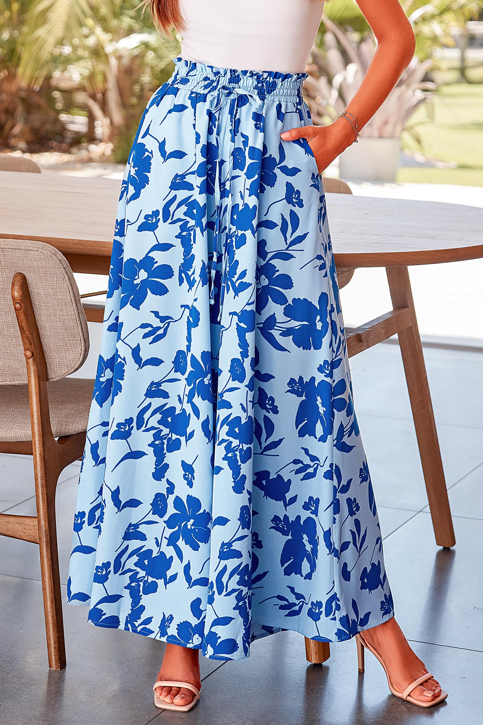 Summer Wide Leg Palazzo Pants for Women Casual,Print Blue,S