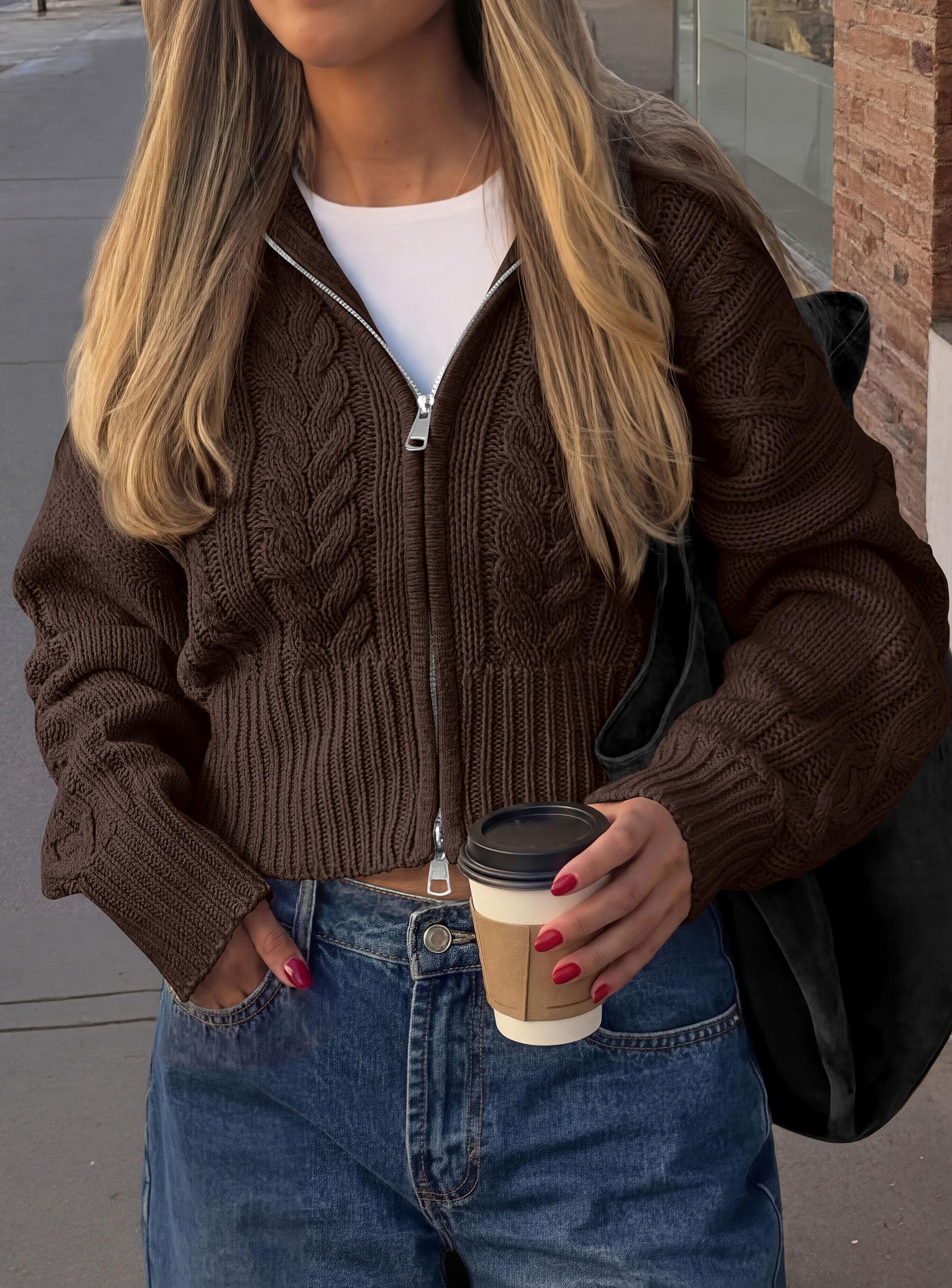 Women's Zip Up Cardigan Sweaters Cropped Jackets Fall Outfits