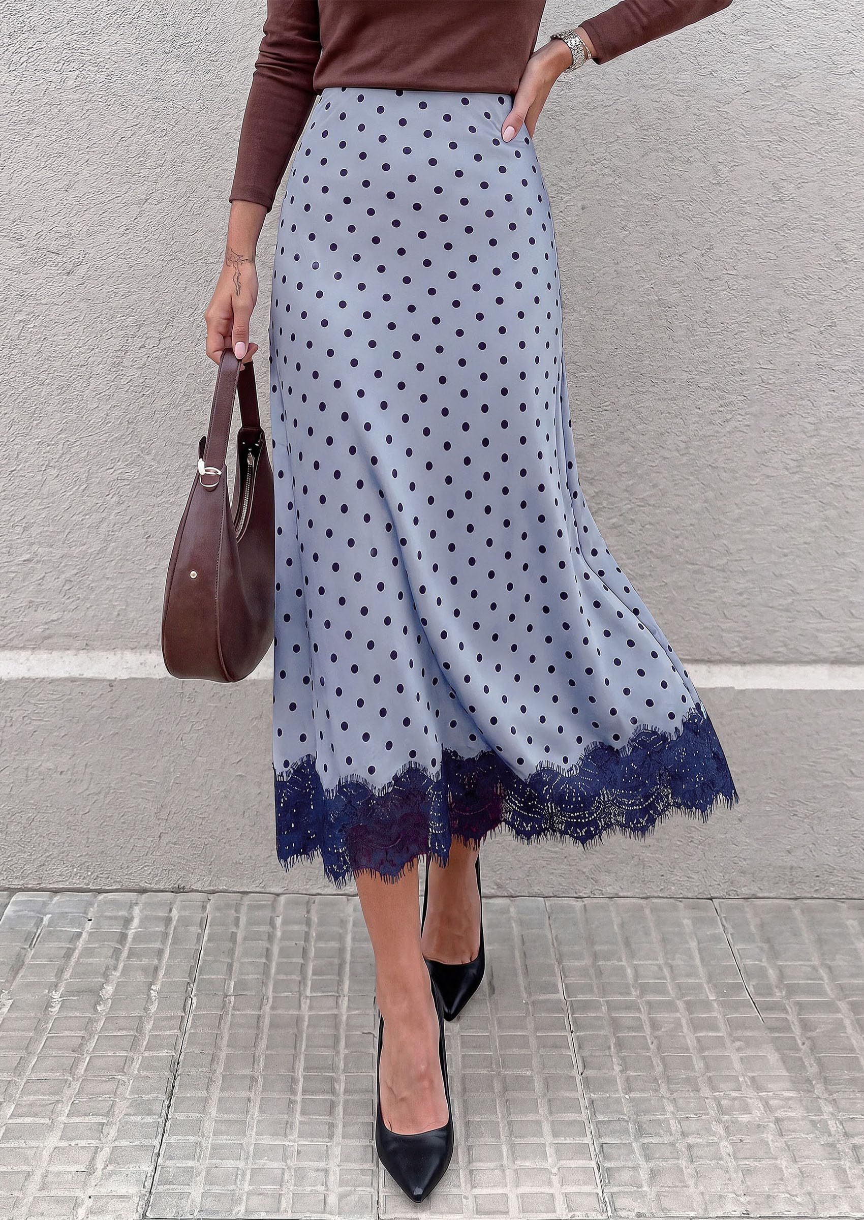 Women's Polka Dot Satin Skirt Fall Flowy Midi Leopard Skirts