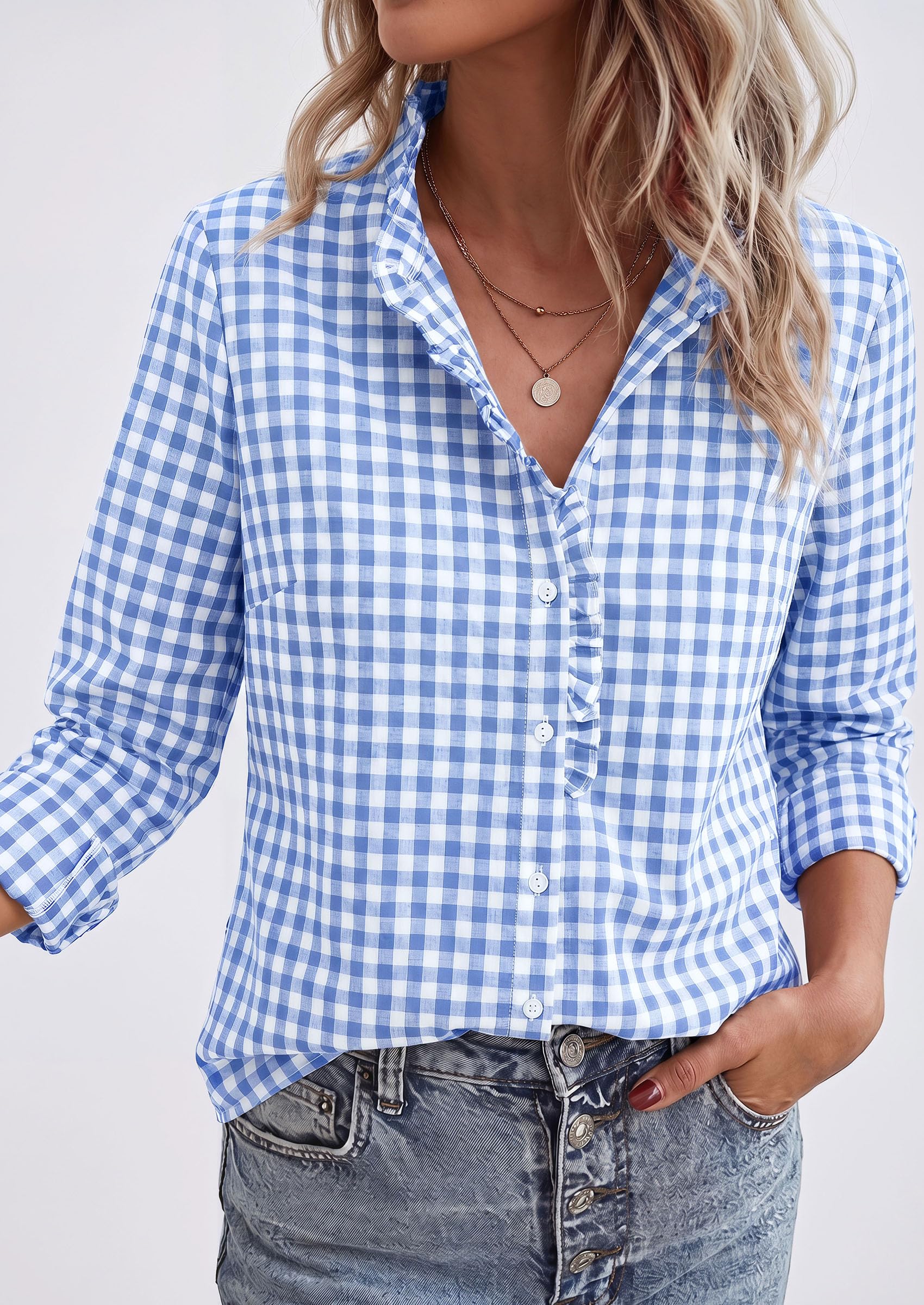 Womens Long Sleeve Button Down Shirts,Light Blue White,m