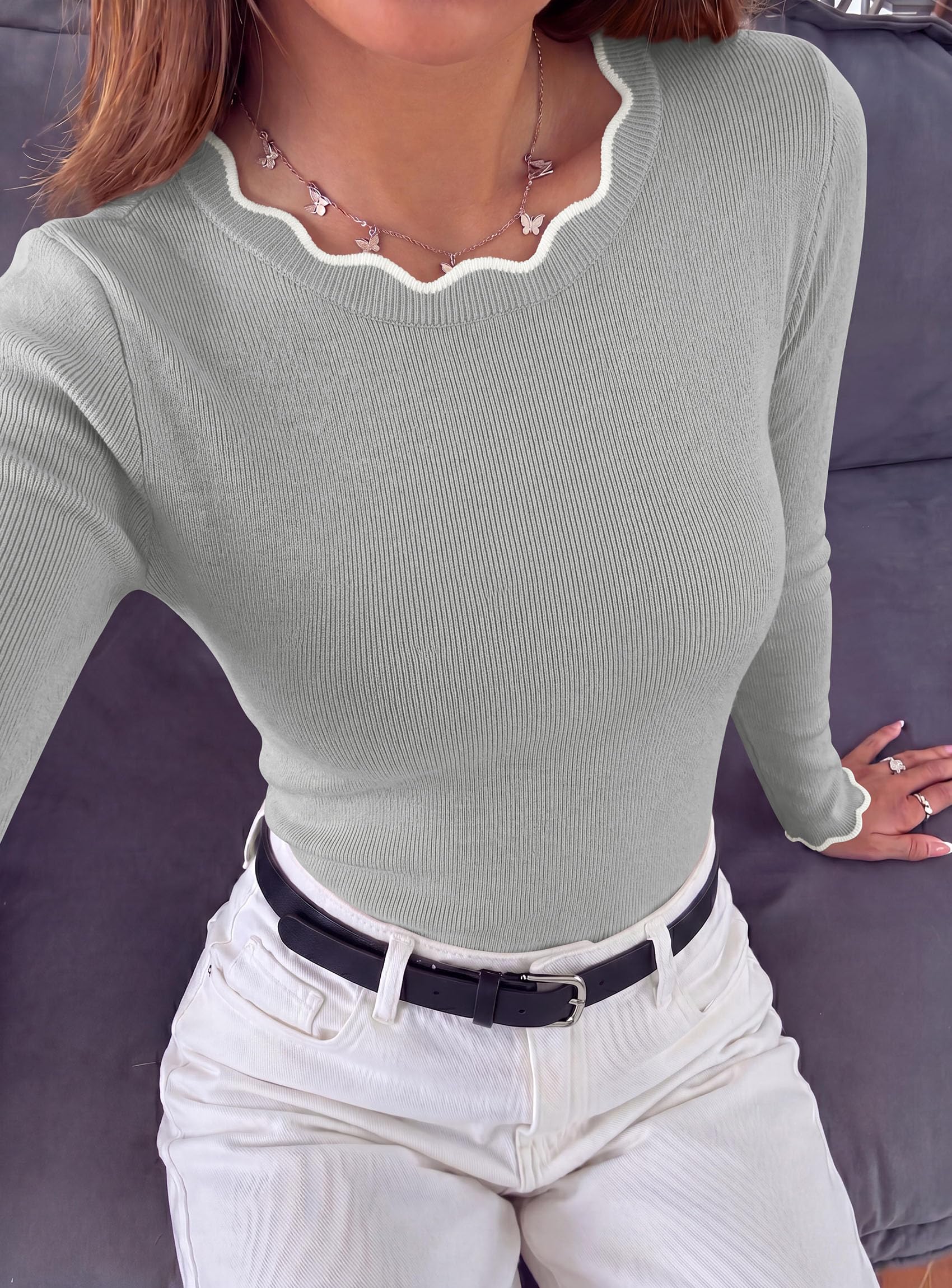 Women's Long Sleeve Ribbed Knit Pullover Sweaters,Grey,S