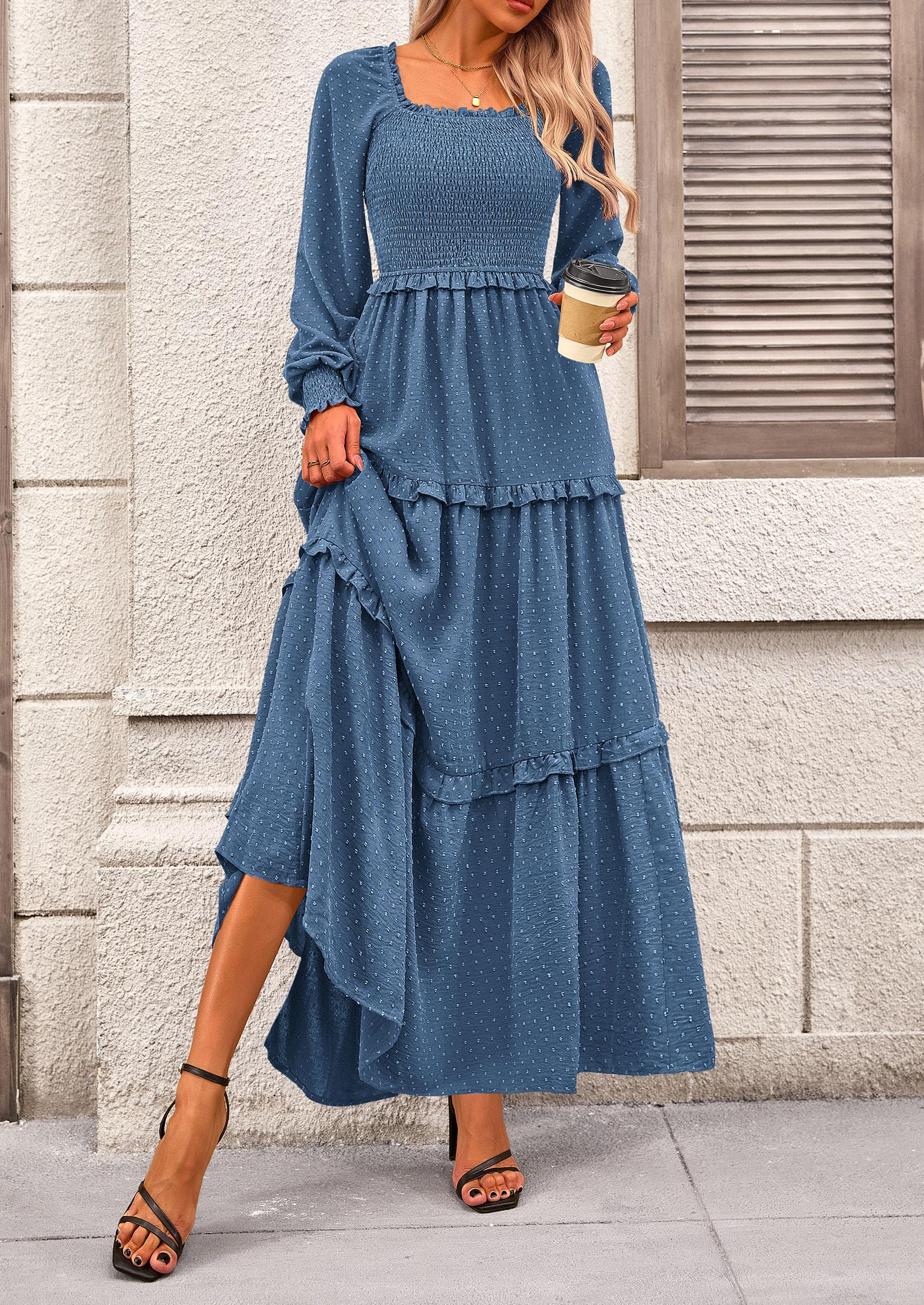 Women's Smocked Long Sleeve Maxi Dress Wedding Guest Dresses