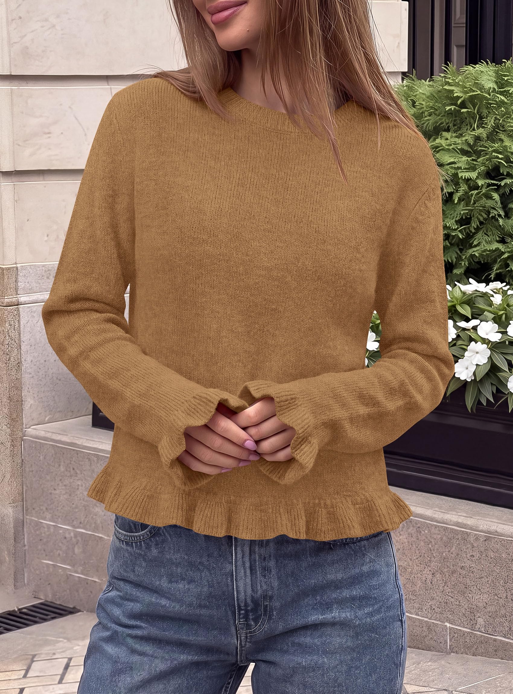 Women's Ruffle Sweaters Fall Fashion Cozy Knit Pullover Khaki