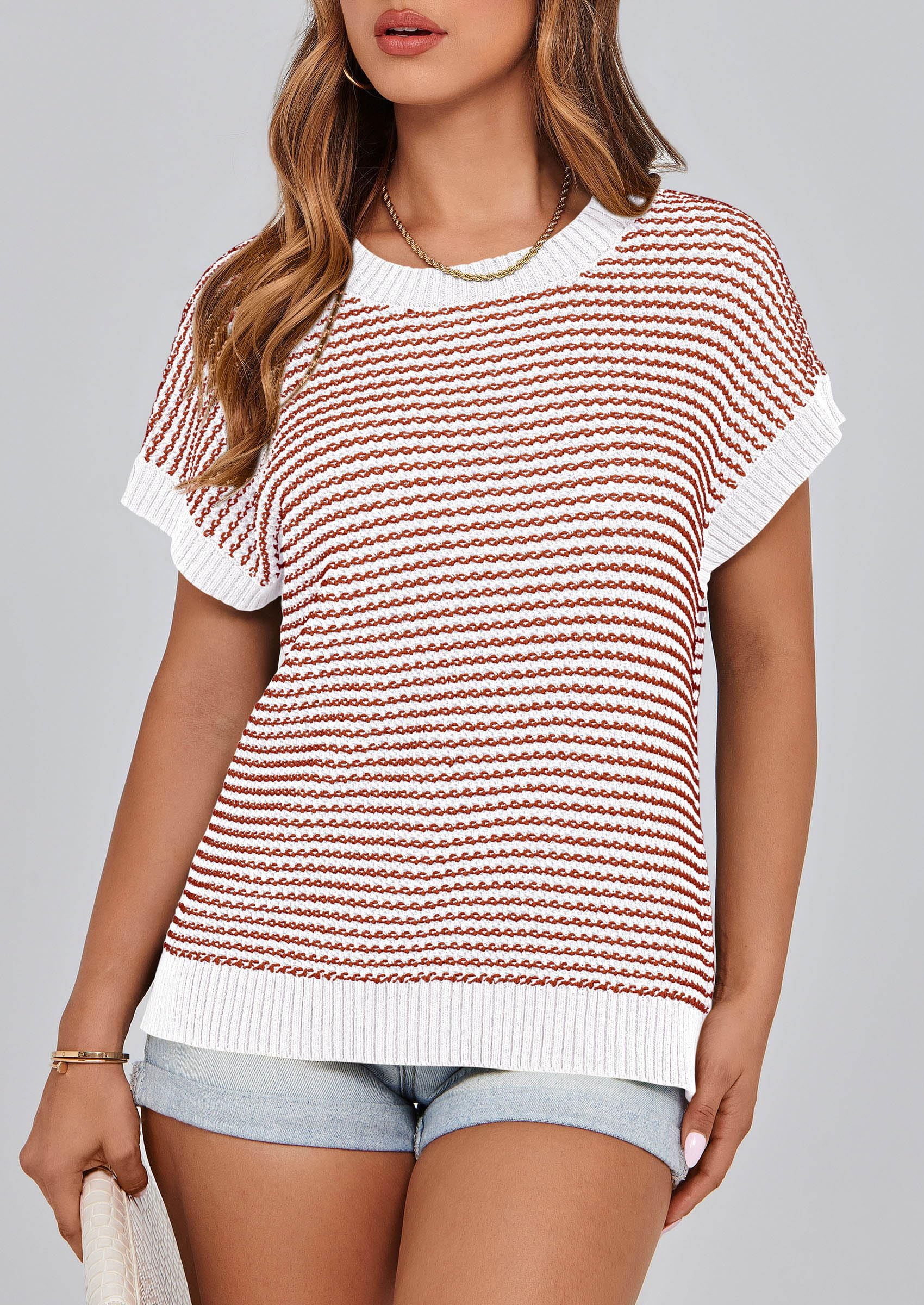 Women's Striped Short Sleeve Sweater Vest Striped White Red,S